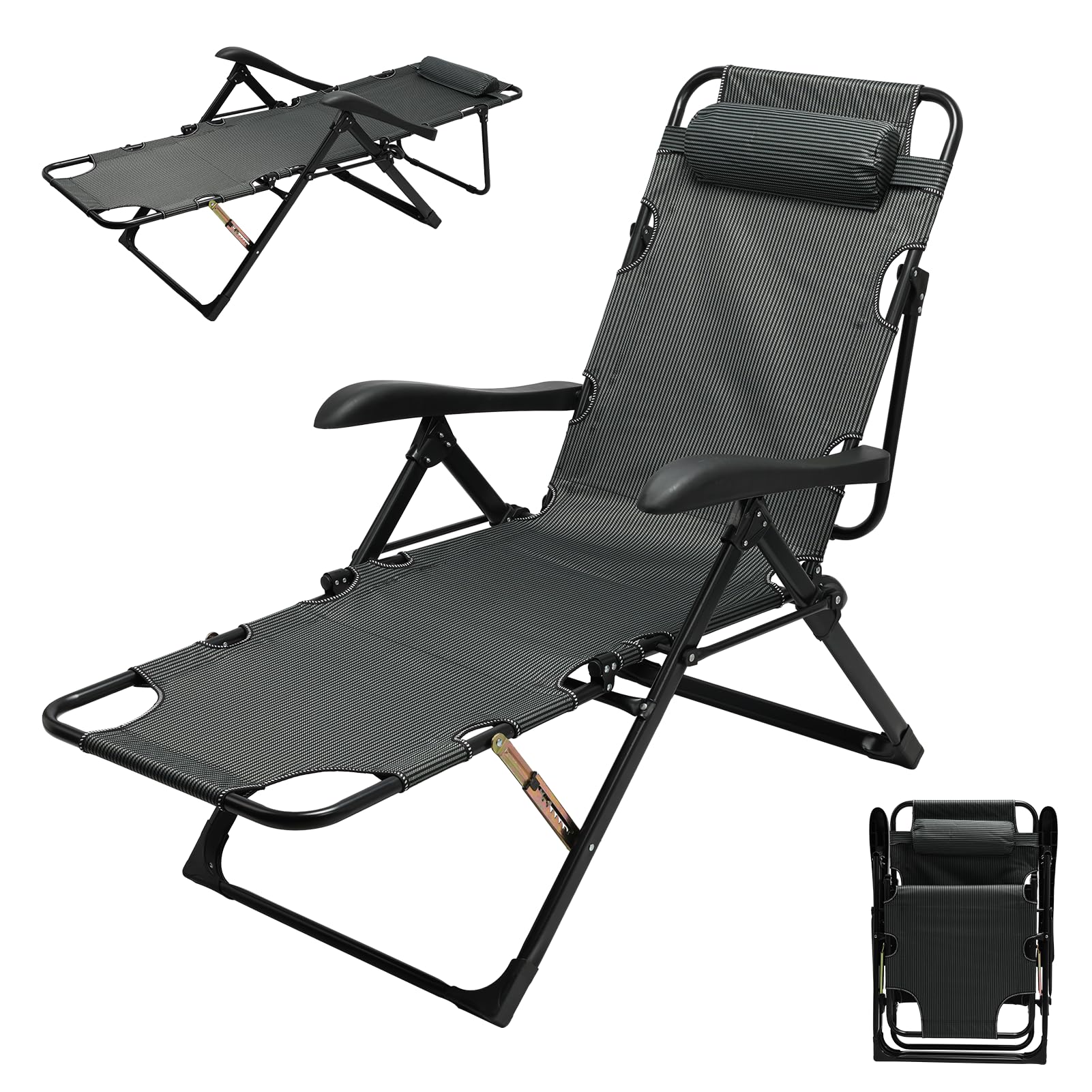 Chaise Longue Jardin Exterieur, Dossier RéGlable 7 Positions, Chaise Longue Pliante avec Coussin et Appuie-TêTe, Capacité 150kg, Transat Pliable pour Jardin, Balcon (Noir) (Noir foncé)