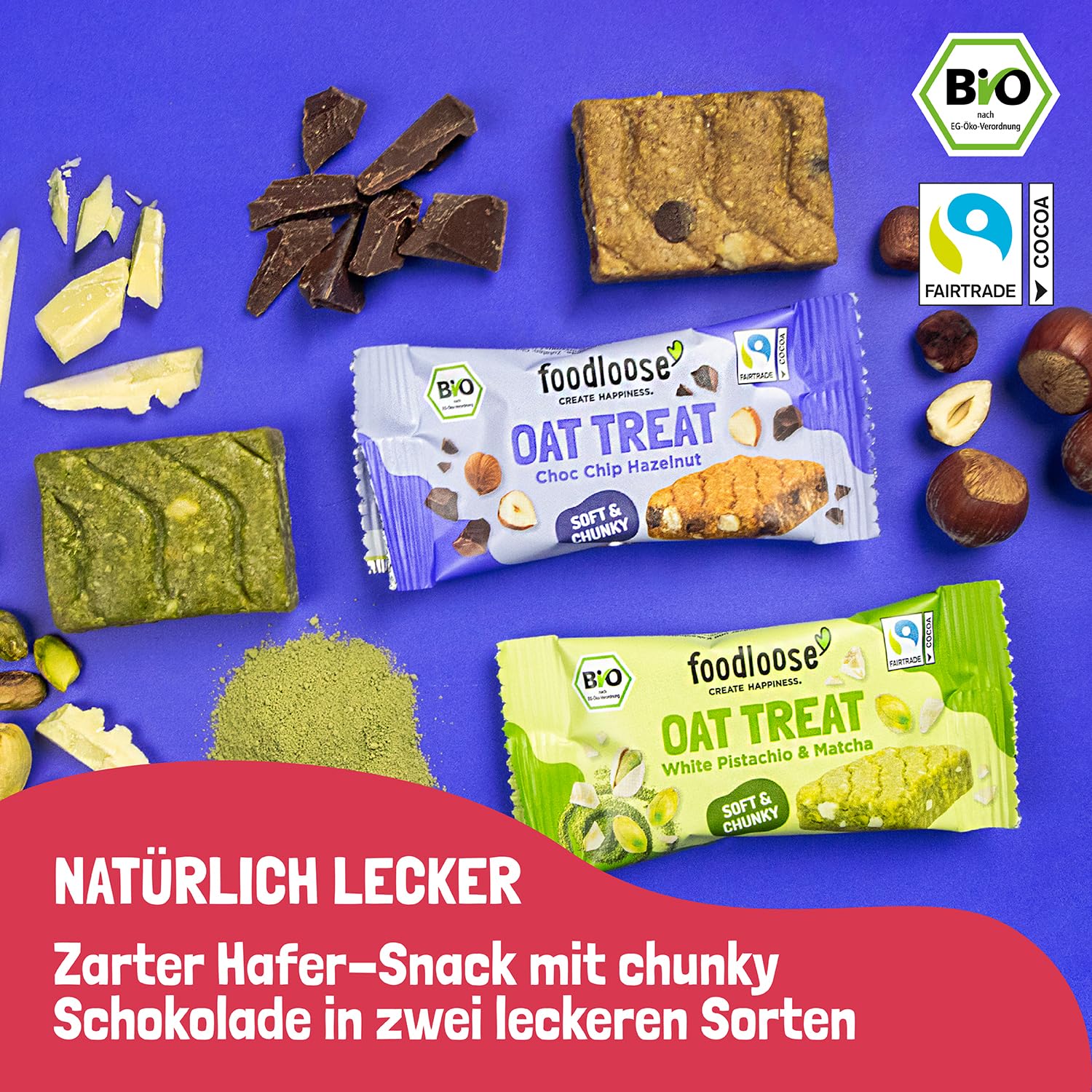 foodloose Oat Treats Bundle | Bio-Haferriegel White Pistachio & Matcha und Choc Chip Hazelnut | Vegan, glutenfrei & ohne raffinierten Zucker | Vorteilspack mit 30 Snacks à 40g