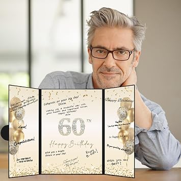 DARUNAXY Black Gold Happy 60th Birthday Alternative Signature Guest Book | 60th Birthday Party Decorations for Men Women Cheers to 60 Years Old Gifts 60 Birthday Signing Card Board Party Supplies