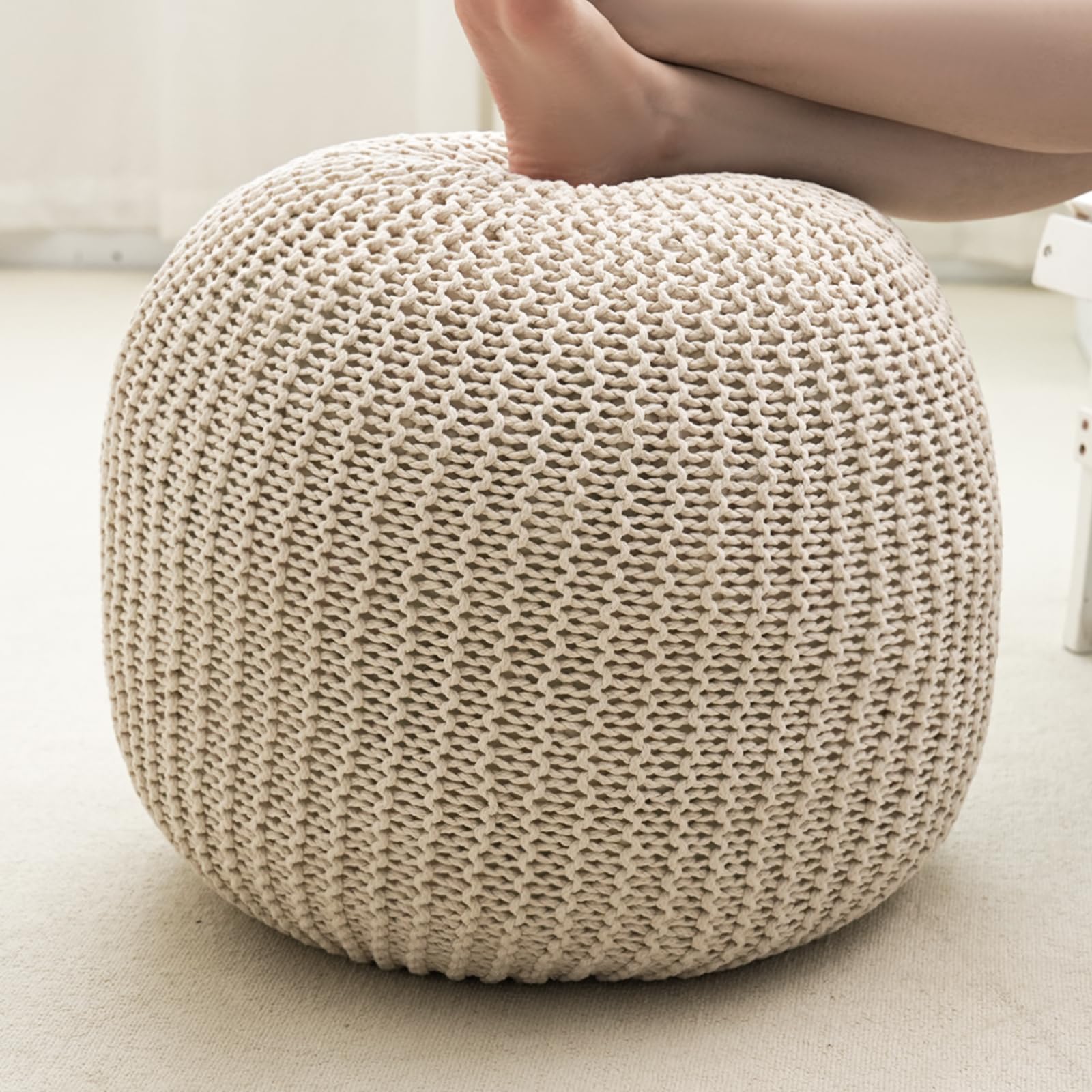 Pouf Ottoman Stuffed Round Modern Foam Filled Foot Rest Poufs for Living Room Chair Decorative 20 X 15 Inches Boho Relax Stool for Wedding Christmas Party, Beige (Beige, 20inch)-image-27