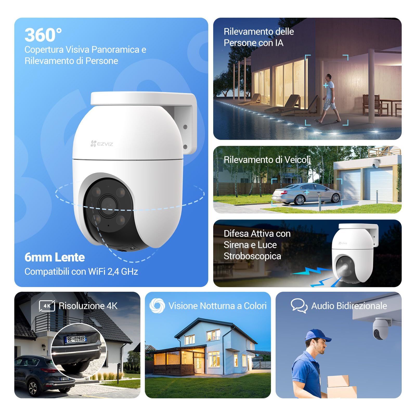 EZVIZ Pacchetto Composto da Telecamera Wifi per Esterni C8c 4K e Telecamera Esterno CB90 Dual con Pannello Solare 8W Kit