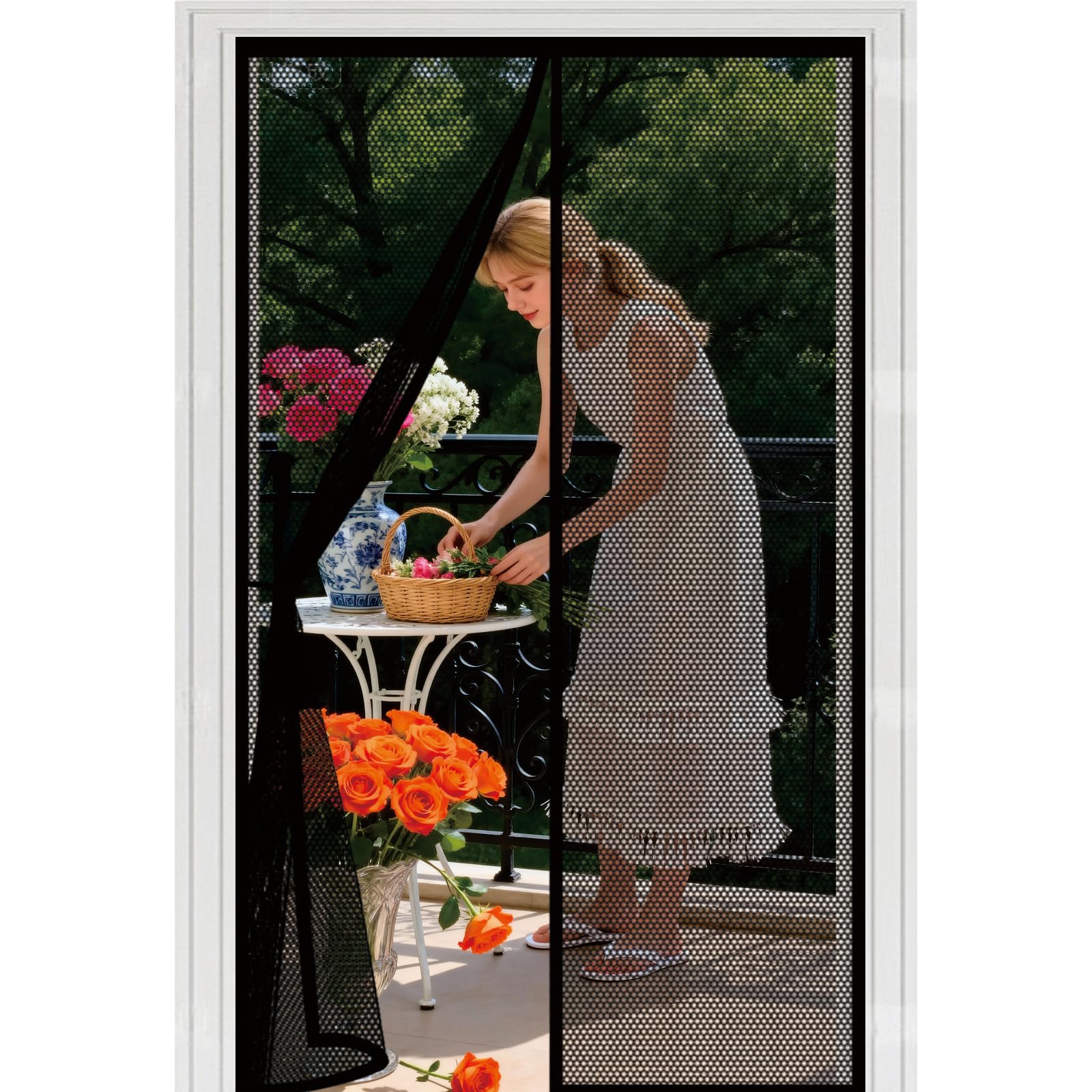 Fly Screens for Doors 102 x 179 cm with Powerful Magnets Automatically Closes and Magic Tape, Install Without, Keep Bugs Out, Magnetic Screenfly Doors for Balcony Door, Black