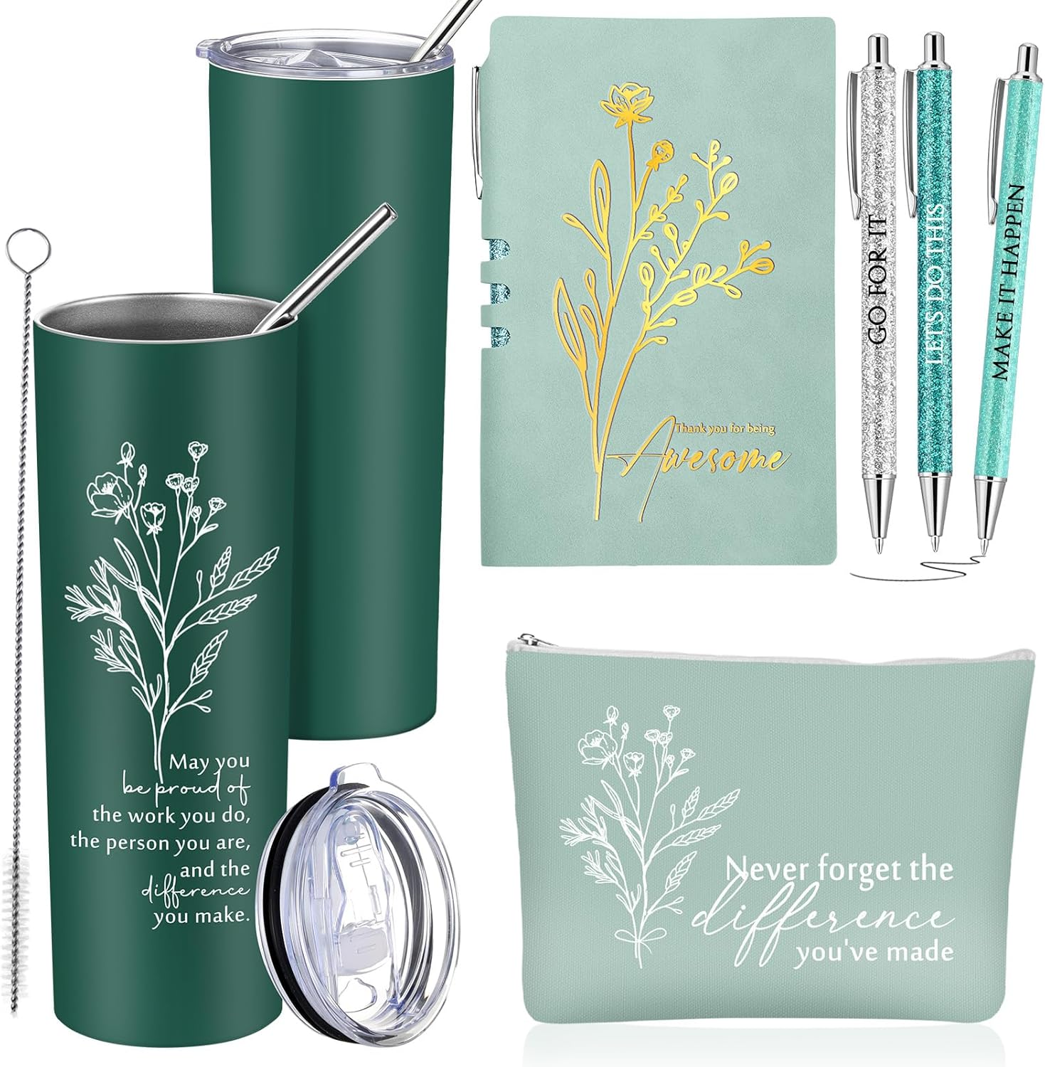 6 Pcs Employee Appreciation Gift Thank You May You Be Proud 20 oz Boho Flower Tumbler Makeup Bag A6 Leather Journal Ballpoint Pens Office Graduation Appreciation Coworkers Boss Gifts (Green)