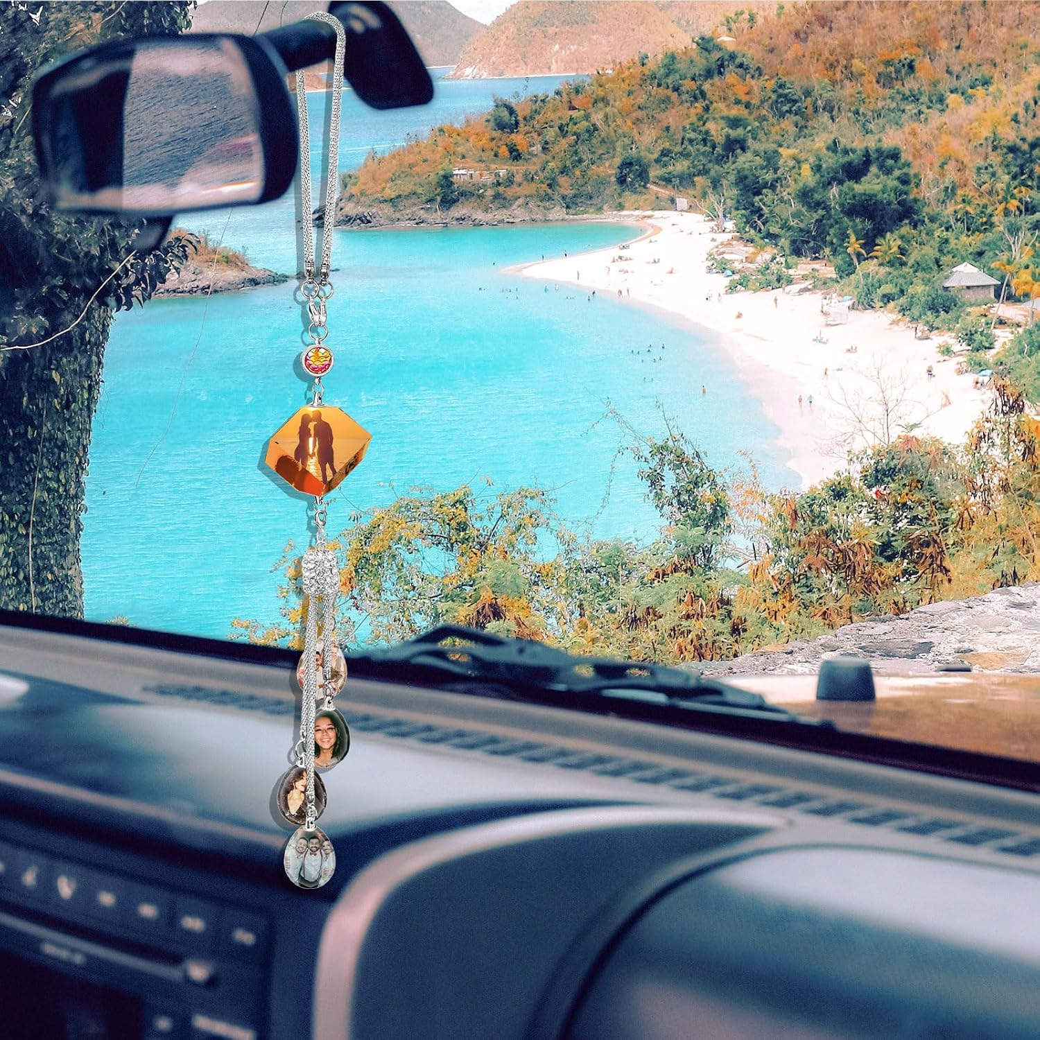 Custom Crystal Car Pendant Charms with Personalized Photos and Texts | Rearview Mirror Hanging Ornament | Lucky Photo Pendant Car Accessories for Women, Men, Family, Friends