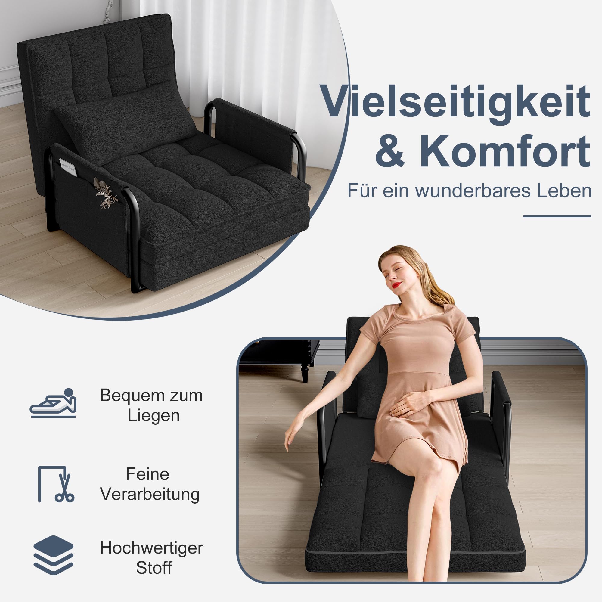 Składana sofa do spania 2 w 1, fotel do spania z poduszką i kieszenią boczną, regulowany fotel składany z funkcją łóżka (czarna tkanina jagnięca, 82 cm x 73 cm/180 cm x 55 cm/15 cm)