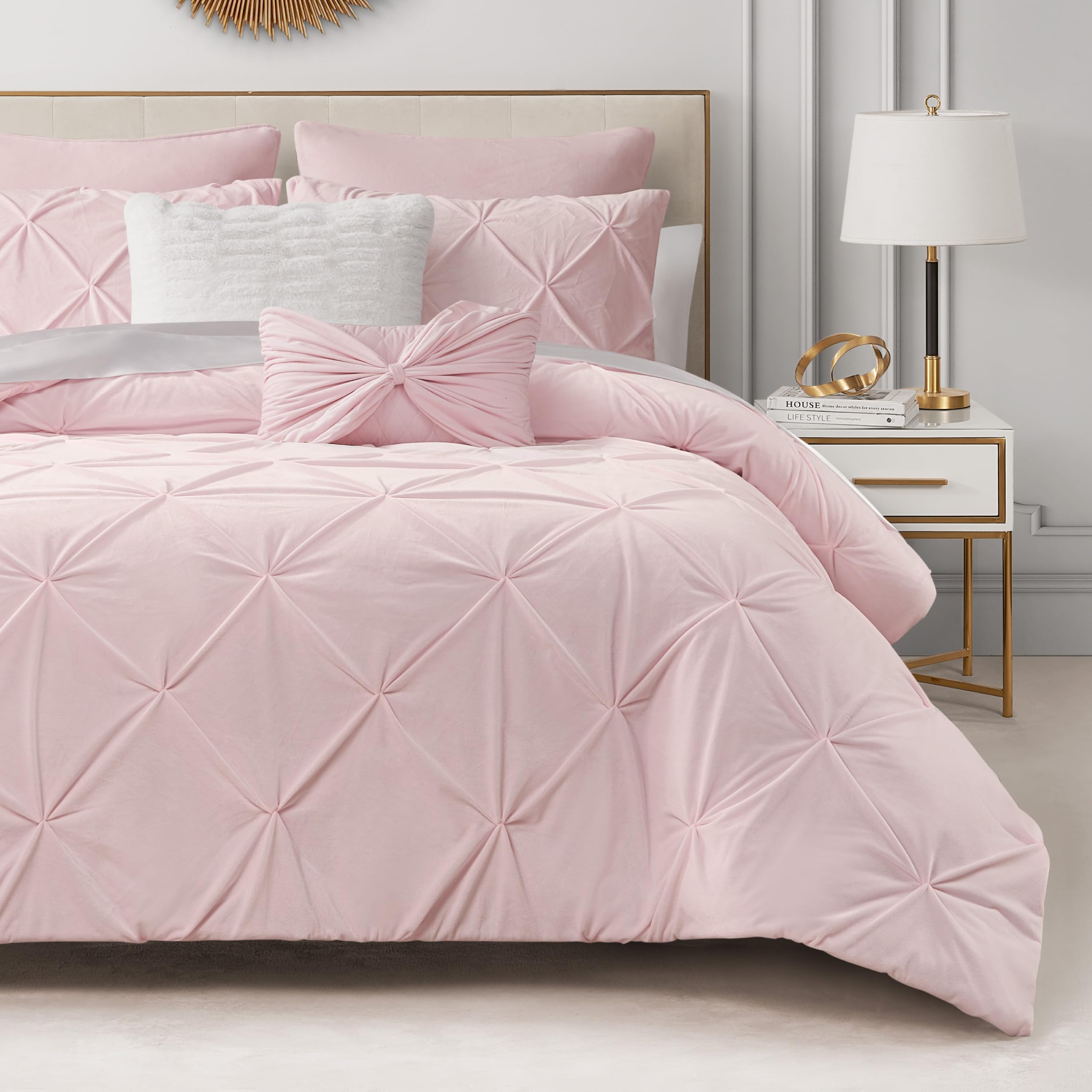 Juicy Couture Kiss Pleat Plush Micromink Light Pink Full/Queen Comforter Set with Throw Pillows - Cozy 7 Piece Bedding Ensemble