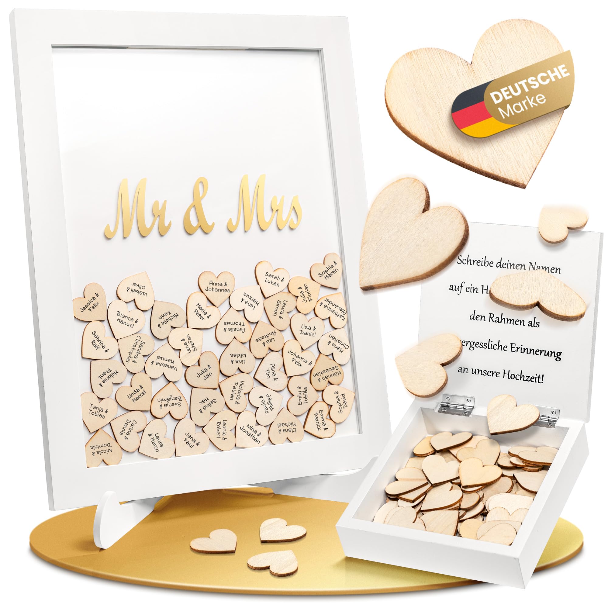 Cadre Photo Livre D'Or Mariage 95 Cœurs En Bois + Verre Véritable Mr & Mrs - Cadre Profond à Remplir 42x32x2 Cm - Souvenir Invités Unique