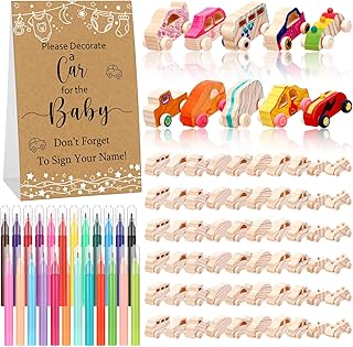 Hiboom 75 Pcs Baby Shower Wood DIY Car Set Includes 50 Unfinished Wooden Car Block to Paint 24 Makers 1 Game Sign for Decorate Gift Block Game 10 Style(Brown,Simple Drawing)