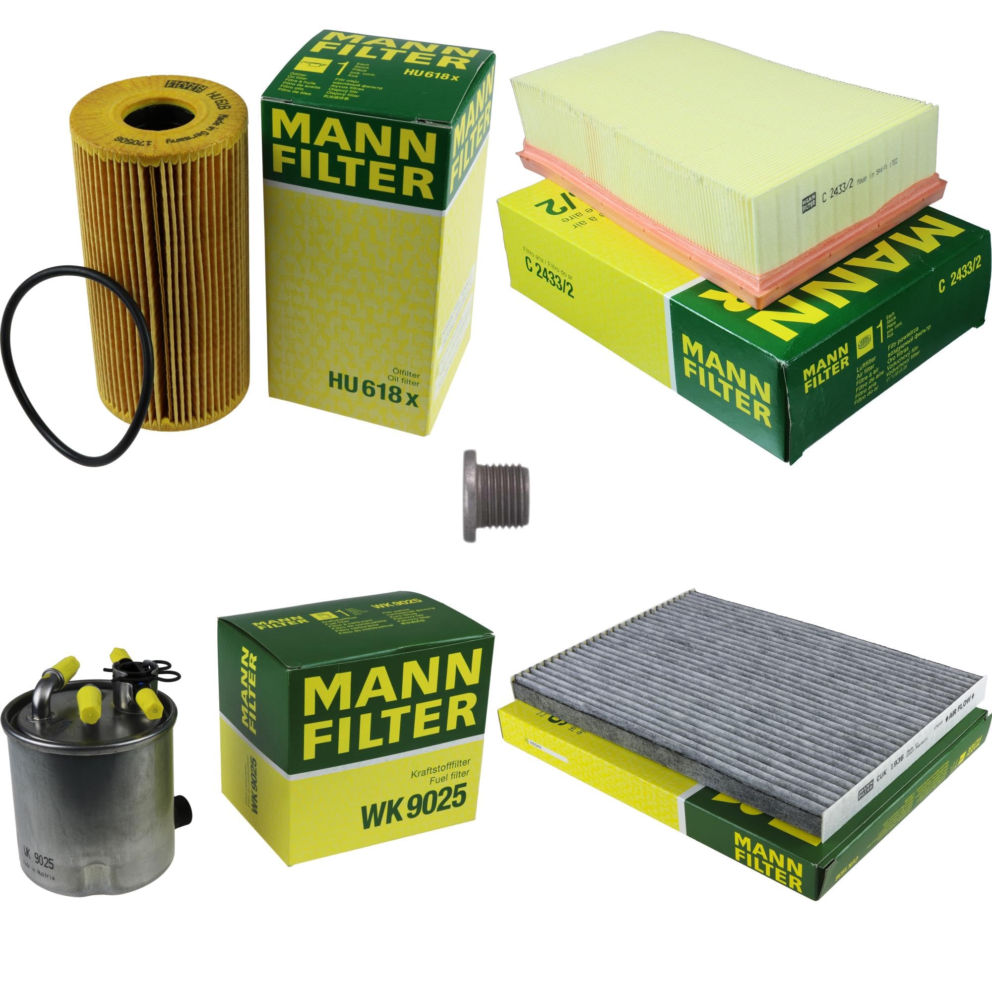 Paquete de inspección Kit de mantenimiento de filtros con filtro de aceite HU 618 x, filtro de aire C 2433/2, filtro de combustible WK 9025, filtro de habitáculo CUK 1936, tornillo de cierre
