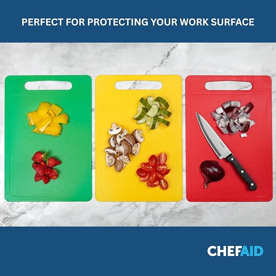Chef Aid Multi Colour Chopping Board Set, Multipurpose Anti-Slip Surface, Easy to Clean and Dishwasher Safe with Handle, Pack of 4 Cutting Boards Each Measuring 35cm x 25cm