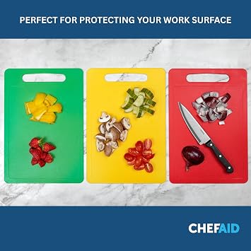Chef Aid Multi Colour Chopping Board Set, Multipurpose Anti-Slip Surface, Easy to Clean and Dishwasher Safe with Handle, Pack of 4 Cutting Boards Each Measuring 35cm x 25cm
