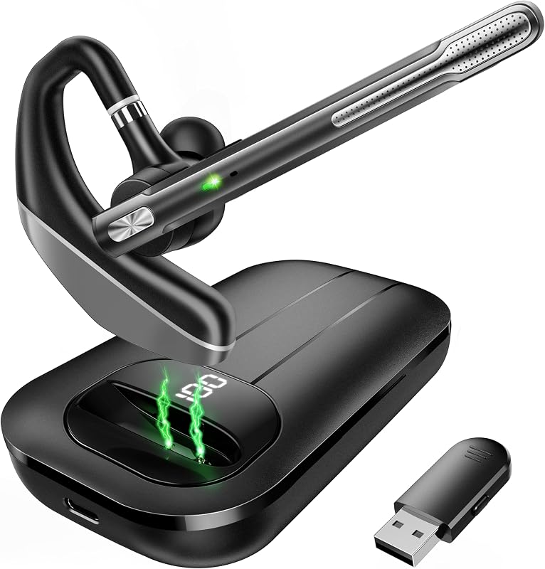 EKVANBEL Auriculares Bluetooth V5.3, tiempo de conversación 96H, auricular inalámbrico con estuche de carga de 1000 mAh, auriculares Bluetooth con micrófono dual para computadora, teléfonos celulares, camionero, oficina en casa, trabajo (gris)