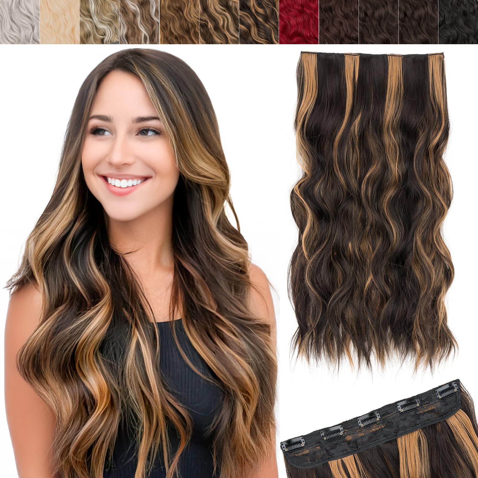 SEGO 3/4 Full Head Clip in Hair Extensions Long Wavy Synthetic Hairpiece 20 Inch One Piece Clip In Hairpiece With 5 Secure Clips