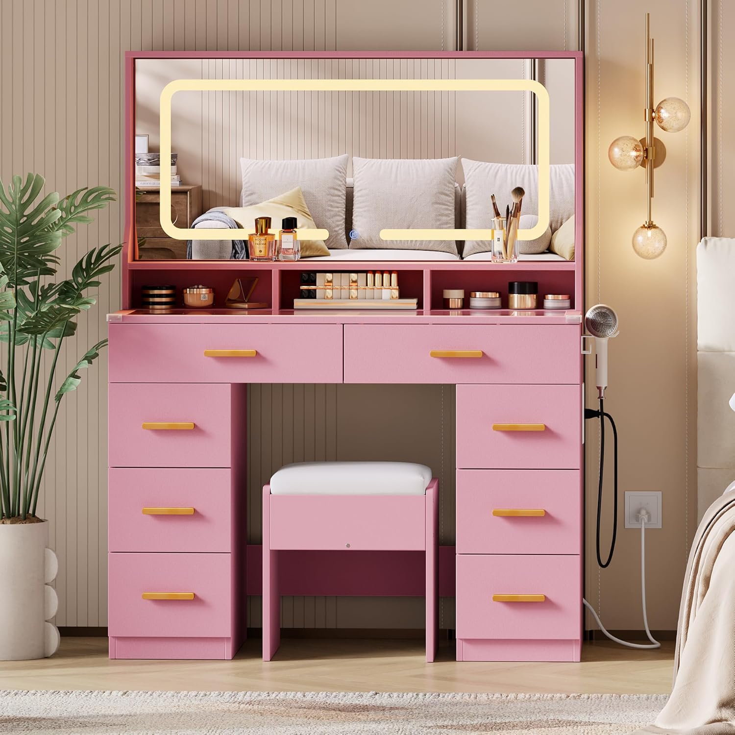 GarveeHome Makeup Vanity Desk with LED Mirror & Charging Station, 42" Dressing Table with Cushioned Stool, Glass Top & 8 Drawers & Hairdryer Rack, for Modern Bedroom Dressing Room, Pink