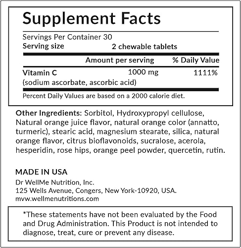 Miniatura 5 de Dr. WellMe - Tabletas masticables de vitamina C de 500 mg con Rose HIPS – 60 tabletas para la salud inmune y ósea para niños y adultos – Sabor