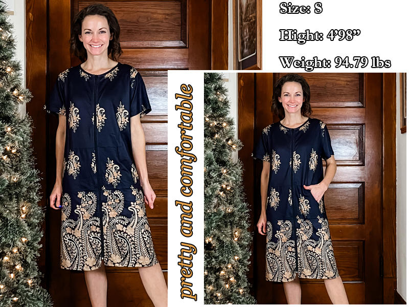 Image of Ekouaer Women Robes Lightweight House Coat Short Sleeve Floral Print Mumu House Dresses with Pockets Zipper Nightgowns