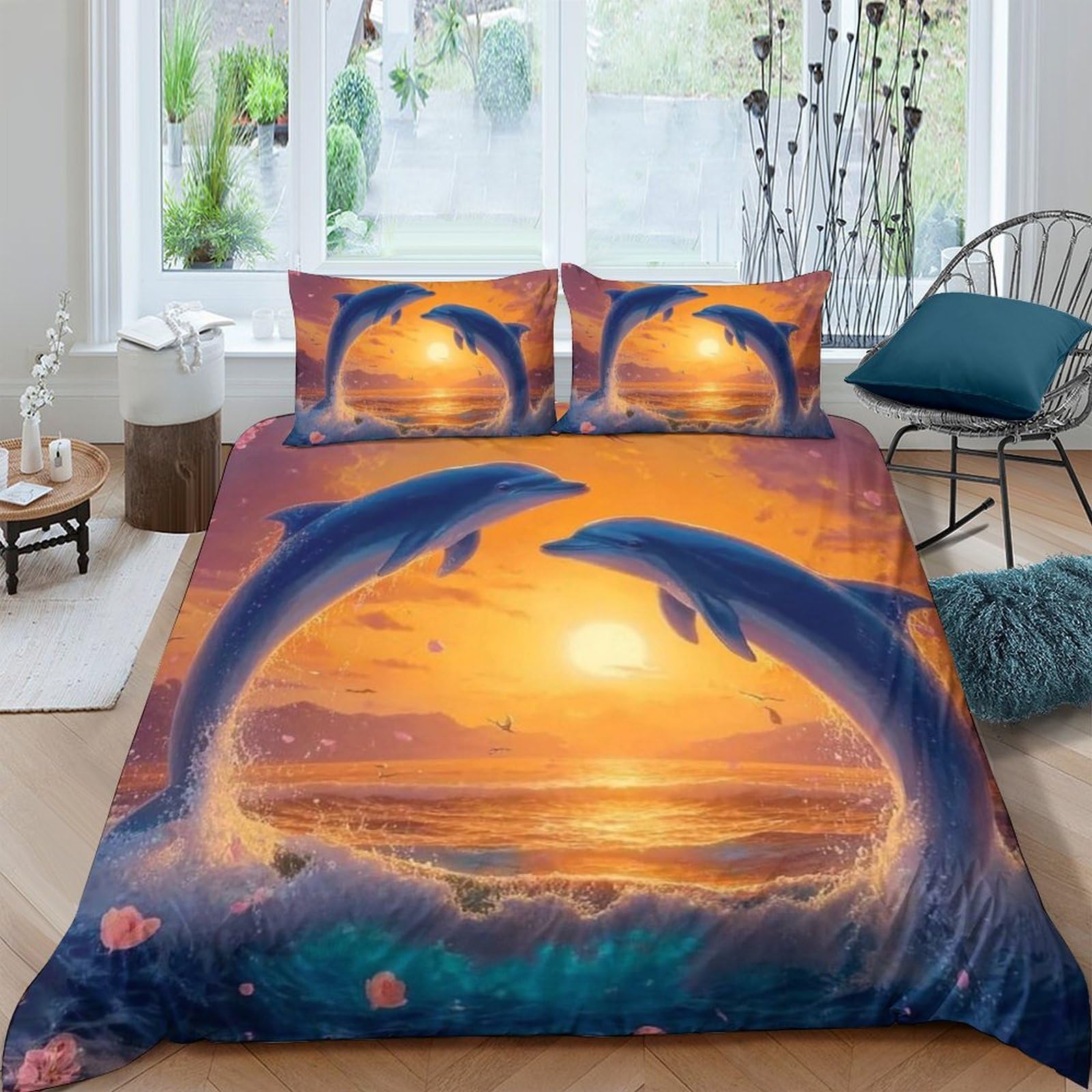 TUFRTGYHN 3D Printed Dolphin Sunset Duvet Cover Microfiber Soft Breathable Ocean Wave Bedding Set with 2 Pillowcases for Bedroom Decor Single（135x200cm）
