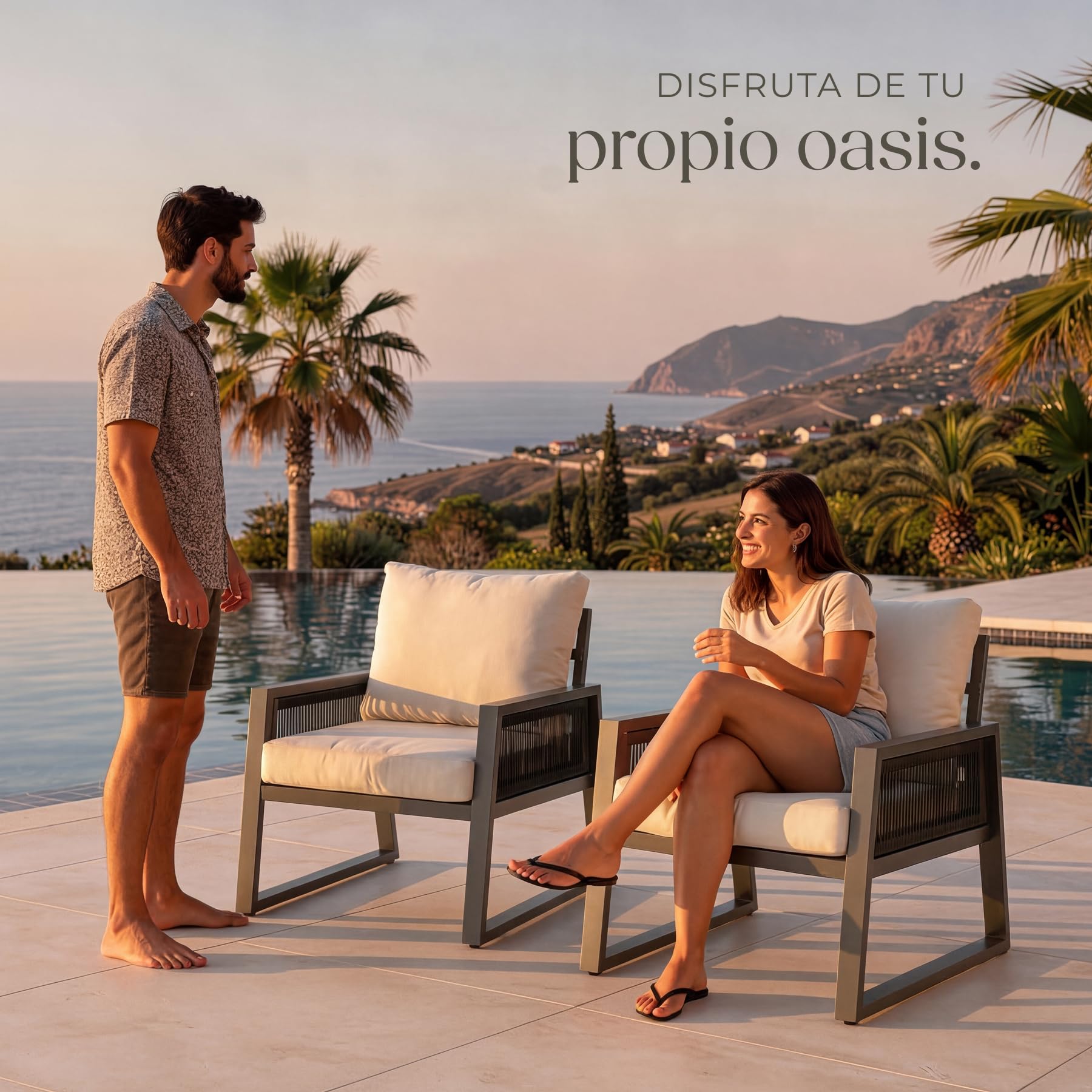 tectake® Conjunto Muebles de Jardín Exterior de Aluminio, Altura Regulable, Mesa y Sillas de Terraza Resistentes a Intemperie, Cojines Extragruesos, Fundas Extraíbles - 2 Sillones