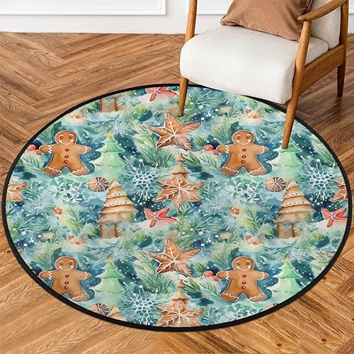 Christmas Gingerbread Snowflakes (03) Round Area Rug 3ft Machine Washable Circular Rugs for Dining Room Table Bedroom Playroom Throw Rugs for Dog