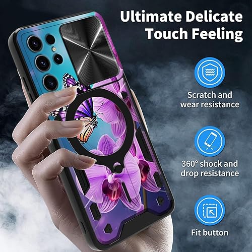 Vista 73 de Funda para Samsung Galaxy A13 5G con cubierta deslizante para lente de cámara y anillo giratorio de 360 grados, soporte híbrido de doble capa Flores