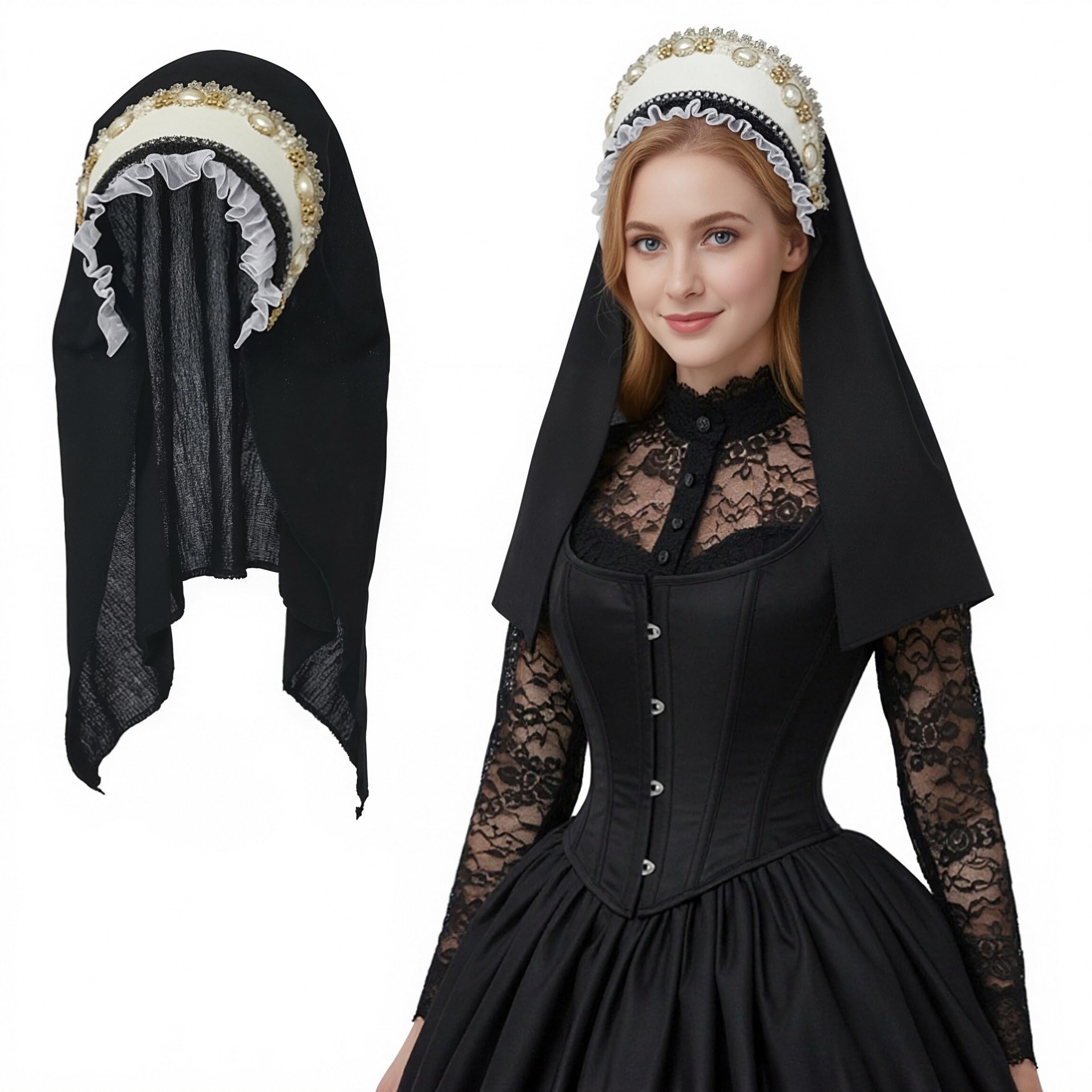 ANDHOM Anne Boleyn Hat Tudor Gable Hood Cap - Elizabethan Renaissance Headdress for Cosplay Party Halloween Carnival Knight Festival Costume Accessory