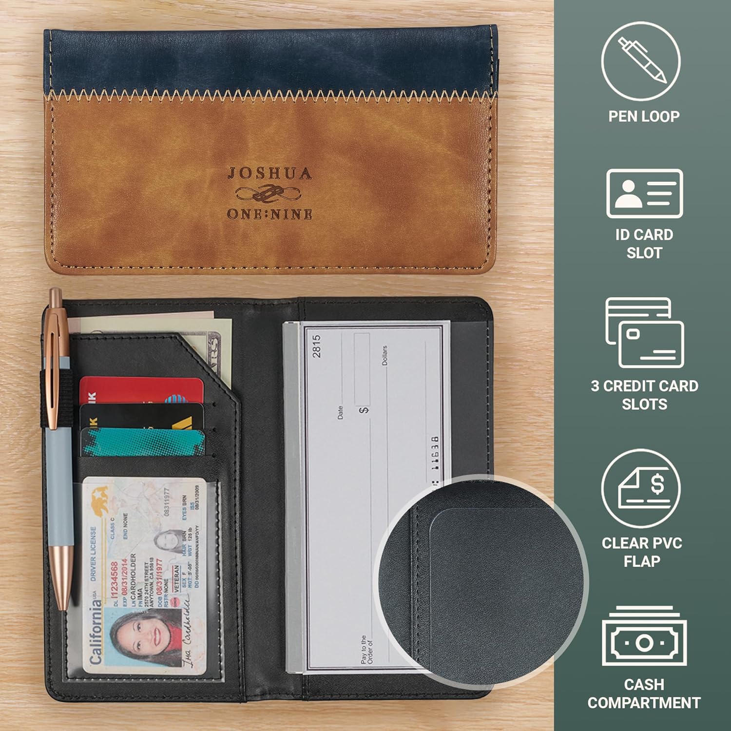 Christian Art Gifts Premium Vegan Leather Scripture Checkbook Cover for Men & Women: Strong & Courageous Inspirational Bible Verse, Duplicate Checks, ID & Cards, Pen Loop, Brown & Navy Blue - Image 4