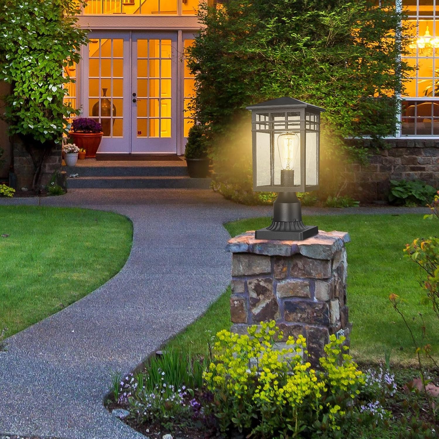 Outdoor Post Light Fixture, Modern Exterior Pillar Lantern with Black Finish & Seeded Glass, Pole Light for Garden, Backyard, Courtyard, Patio, Porch, RZ009-P BK
