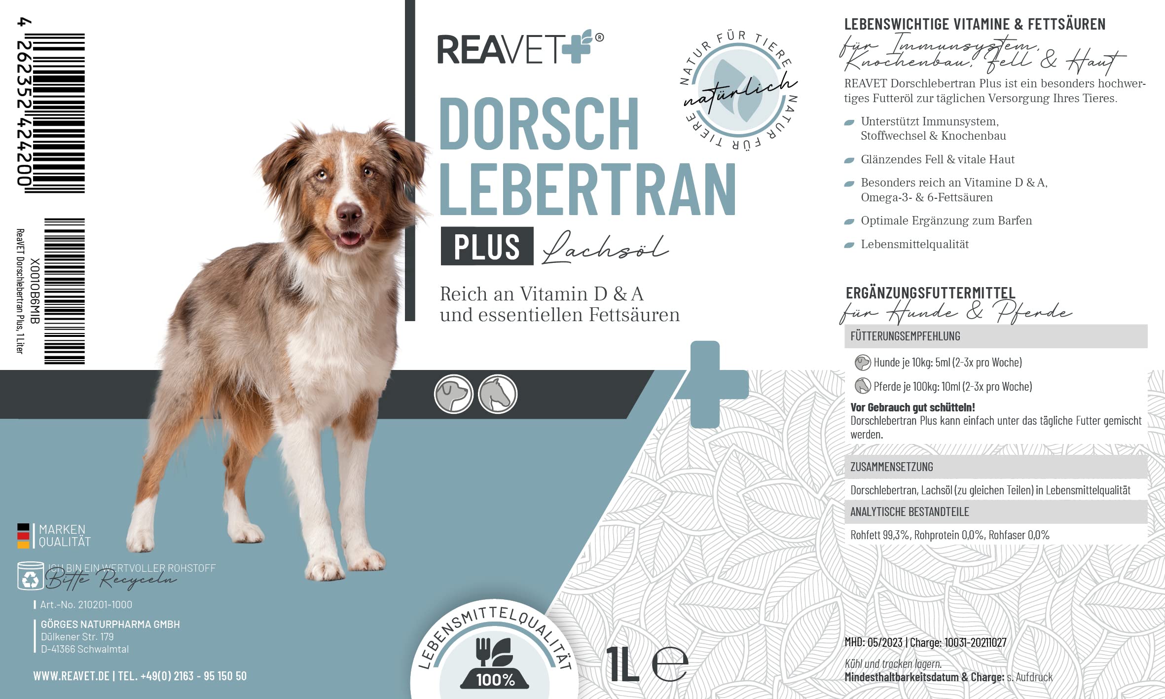 ReaVET Huile de foie de morue Plus - Pour chiens et chevaux - 1 l - Huile de foie de morue - Huile de poisson riche en oméga 3 - Huile de barf pour chien
