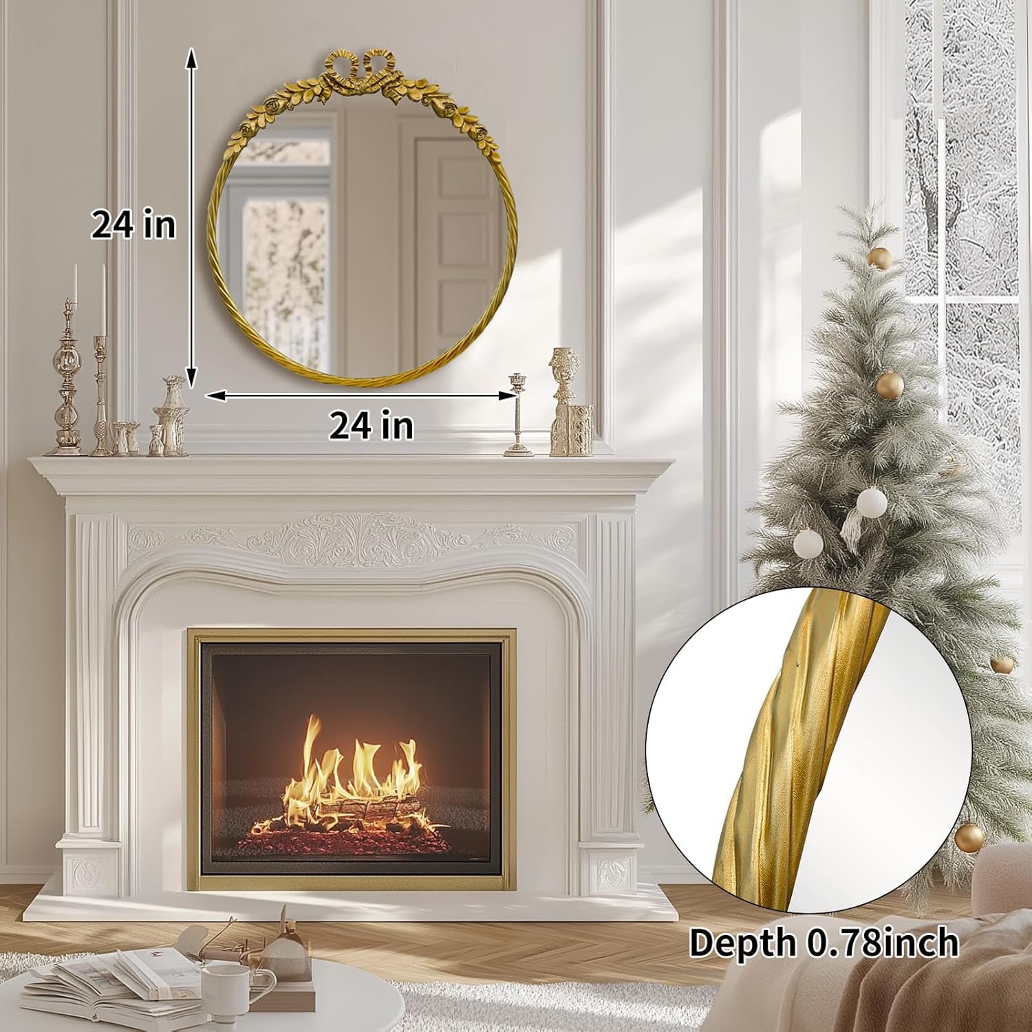 Antique Round Mirror, 24''Baroque Style Vintage Mirror Metal Frame Ornate Circle Wall Mirrors for Bathroom, Living Room or Bedroom,Retro Gold 24"L x 24"W Retro Gold