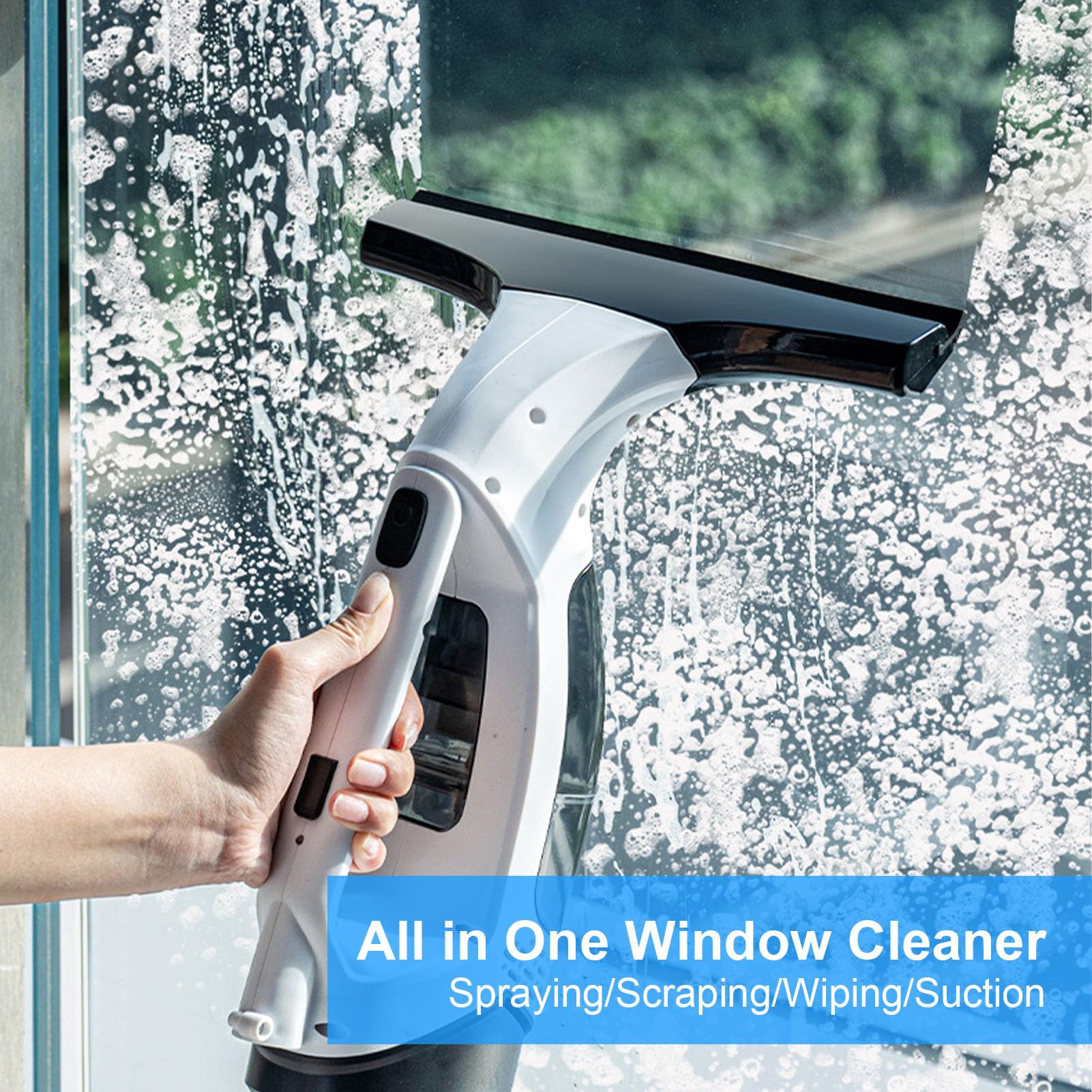 Geevorks Aspirador de ventanas, limpiaparabrisas con succión de 2,0 kPa, pulverización con un toque, recogida automática de agua, cuchillas desmontables y depósito extraíble