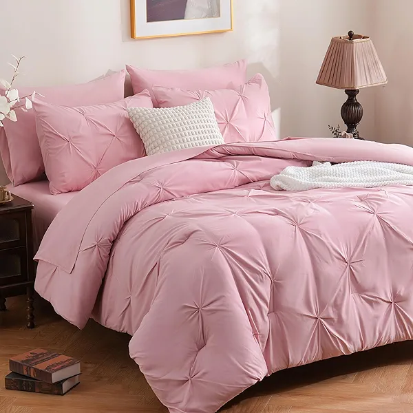 DOWNCOOL 7 Pieces Pink Queen Comforter Set for Women, Pintuck Bed in A Bag Queen, Pinch Pleat Bed Set, Soft Microfiber All Season Bedding Set with Sheets, Pillowcases & Shams