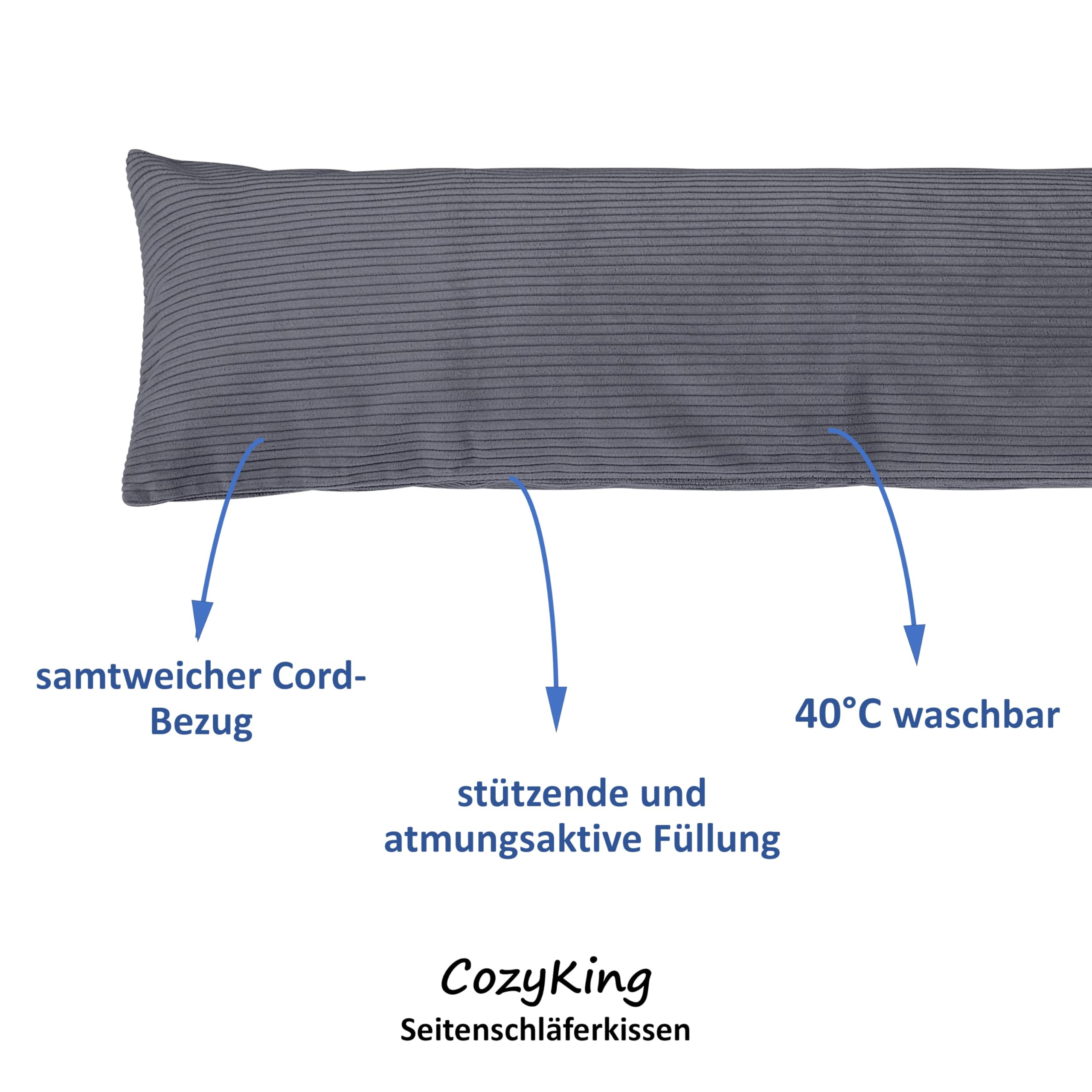 CozyKing Seitenschläferkissen mit Bezug 200 x 40 cm Cord Grau - Öko-Tex Zertifiziert - 40°C waschbar, perfekt als langes Lagerungs-Kissen u. Schlafkissen oder Schwangerschaftskissen/Stillkissen