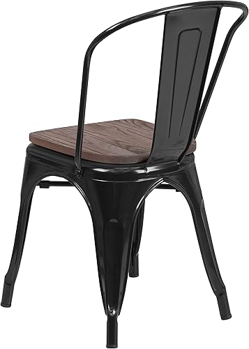 Miniatura 7 de EMMA + OLIVER Silla apilable de metal negro con asiento de madera