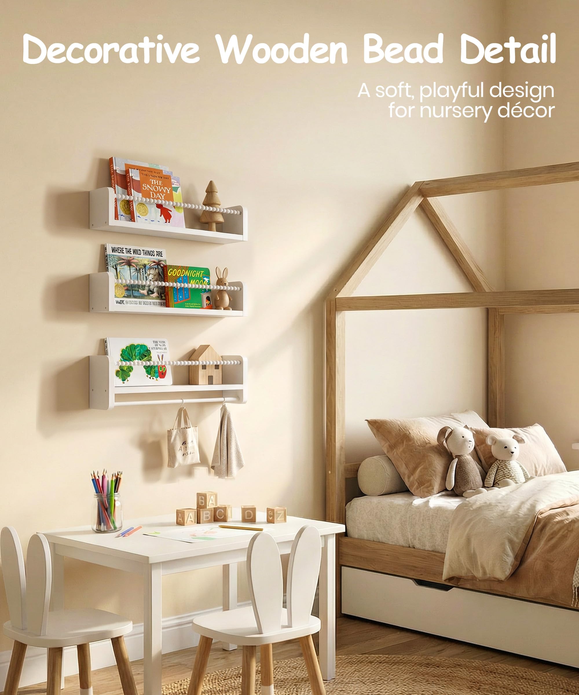 Mazjoaru Wandrek, wit, voor kinderkamer, boekenplank, set van 3, zwevende rekken, kinderrek, wit met houten kralendesign, voor organizer, keuken, kruidenrek, wanddecoratie, opbergrek voor kinderen Mazjoaru Wandrek, wit, voor kinderkamer, boekenplank, set van 3, zwevende rekken, kinderrek, wit met houten kralendesign, voor organizer, keuken, kruidenrek, wanddecoratie, opbergrek voor kinderen