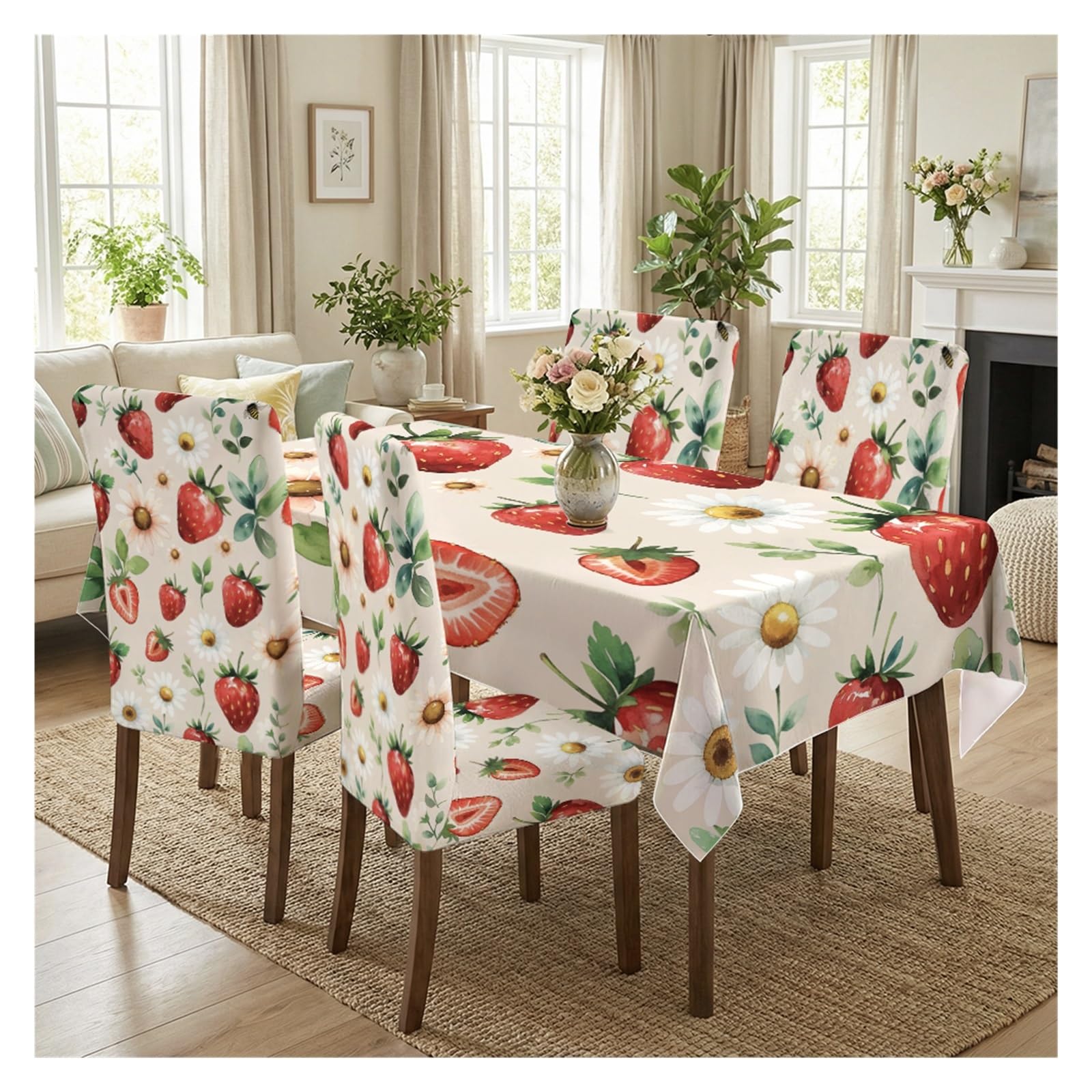 BOSUYBN Stretch Dining Chair Slipcovers And Tablecloth Set, Strawberry Daisy Floral Print, 5/7 Pack For Farmhouse Kitchen Dining Decor Table Setting(5pcs Set: Tablecloth+Chair Covers)