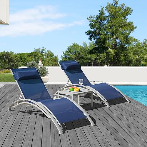 Domi - Juego de 3 sillas de salón de aluminio para exteriores con 5 posiciones ajustables, tumbona al aire libre para piscina, jardín, playa, 2