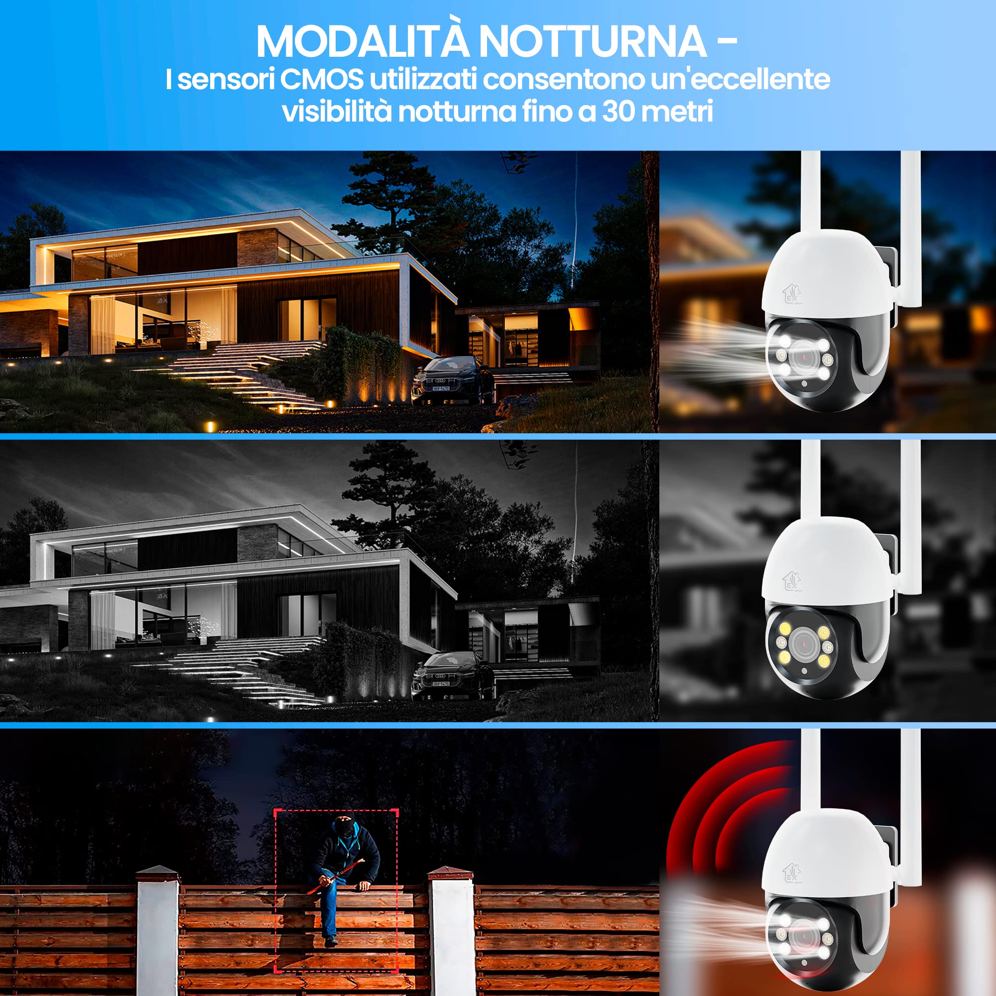 Videocamera sorveglianza esterno wifi, 1296p, PTZ, telecamera wifi esterno, IP65, Modalità notturna a colori, ampio angolo, camera wifi con tracciamento intelligente, scheda MicroSD fino a 128GB