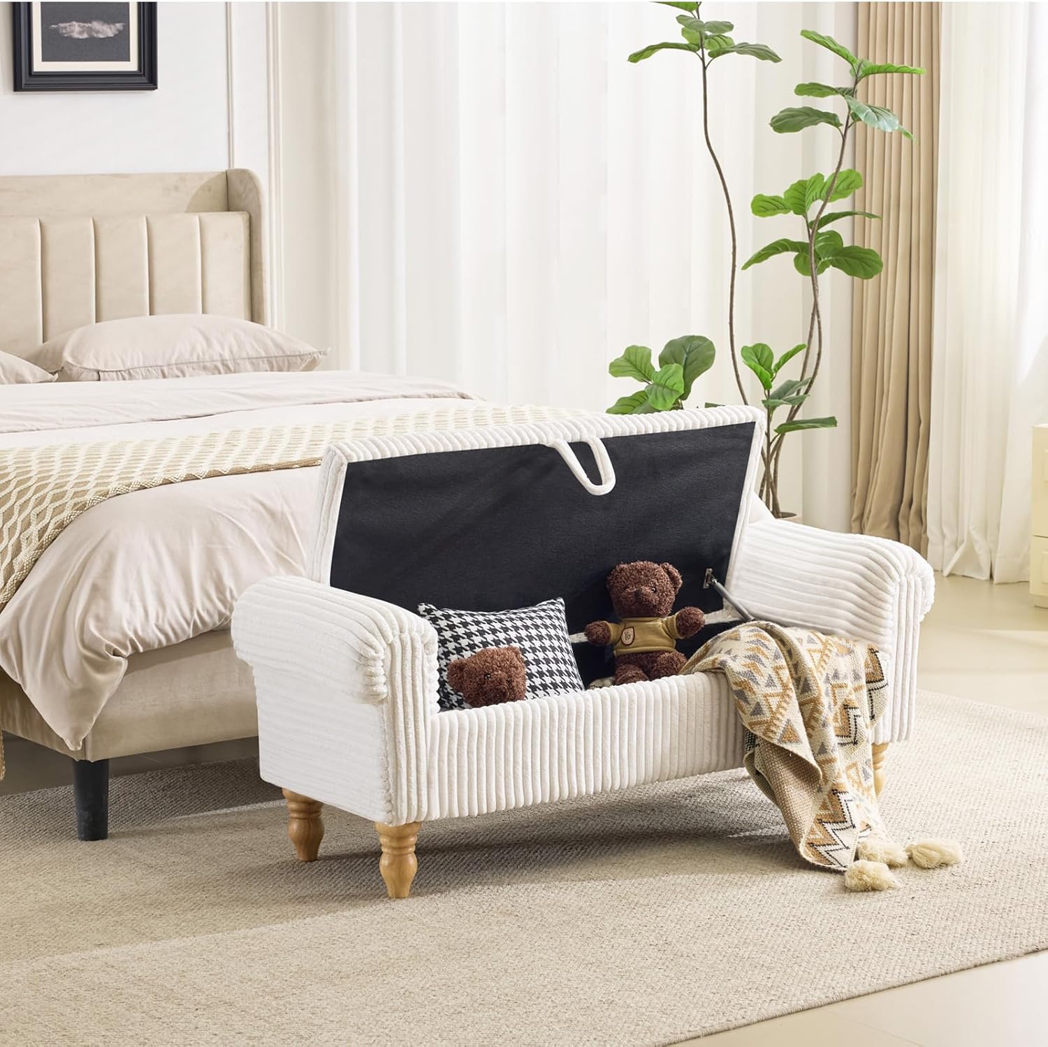 Storage Bench for Bedroom, Ottoman with Storage, Upholstered Ottomans Benches with Rolled Arms for Bedroom End of Bed, Living Room, Entryway (Corduroy/White)
