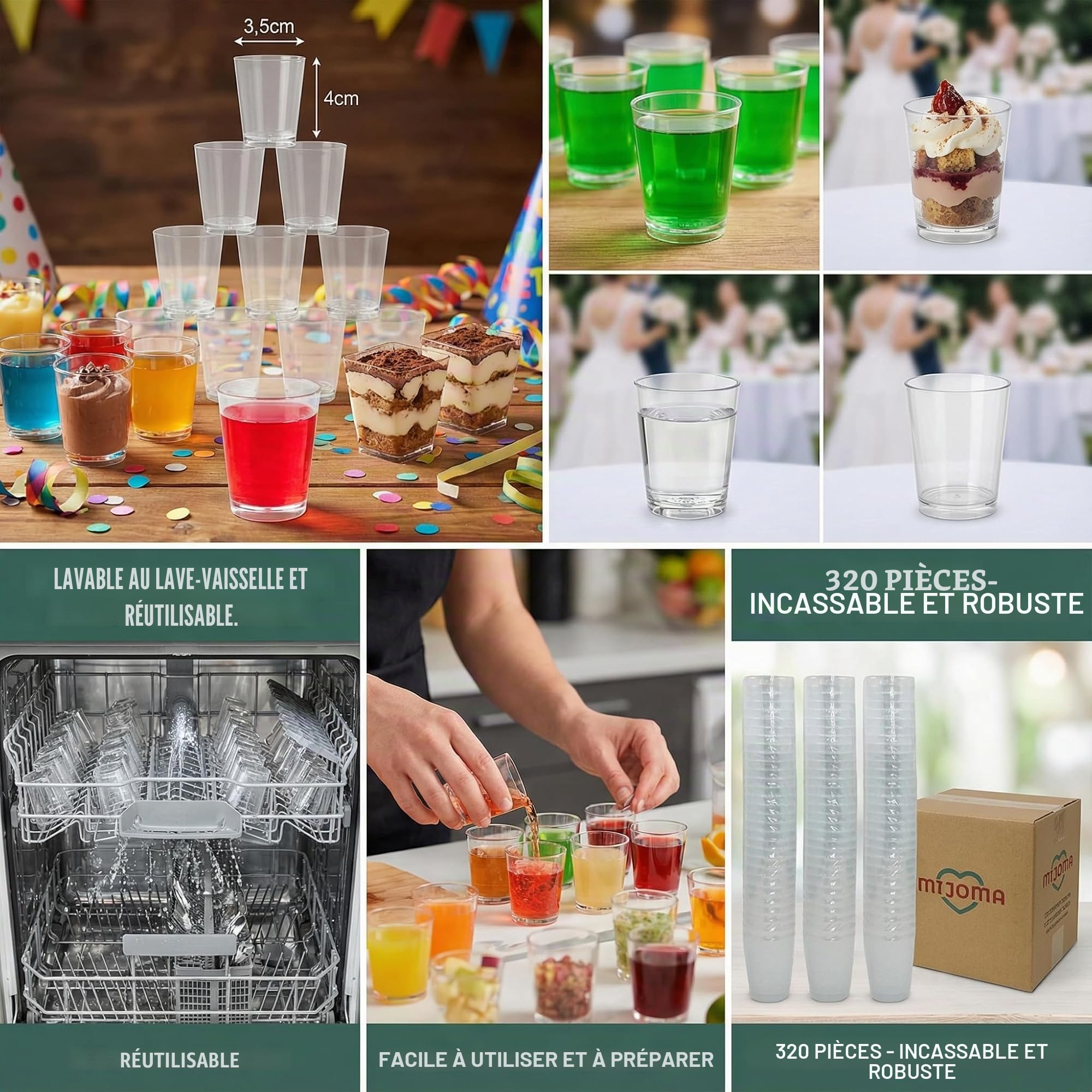 MIJOMA Lot de 320 verres à liqueur incassables en plastique robuste, verres à shot Jello, desserts, fête, mariage, anniversaire. Passe au lave-vaisselle, réutilisables, 29 ml (Transparents)