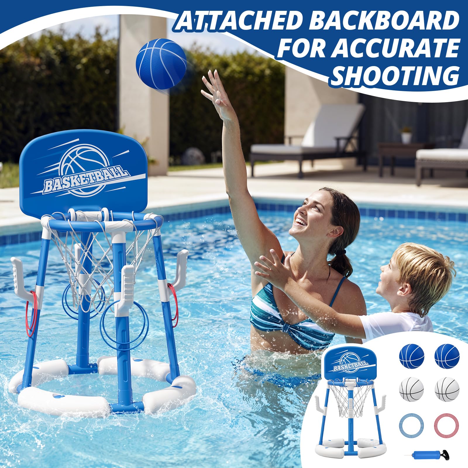 HYES Panier de Basket Flottant pour Piscine, Pool Basketball Hoop, Jouets de Piscine avec 4 Boules 8 Anneaux, Jeu de Basket d'eau en Plein air Intérieur pour Garçons Filles Enfants Adulte, Bleu