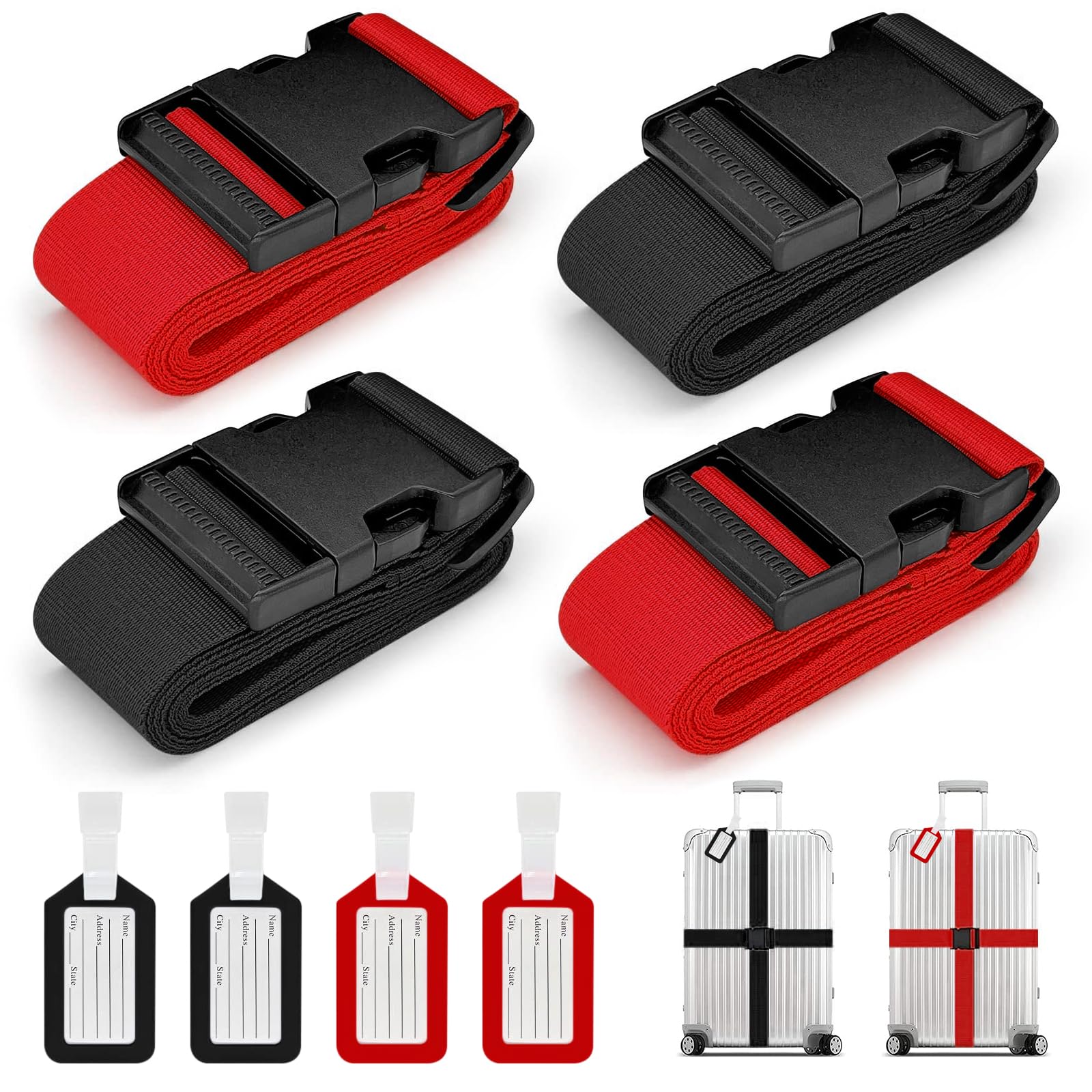 Koffergurte 4 Stück, Verstellbare Kofferband mit Adressschild, 2 Farben Kreuzgurt Kofferbänder für Koffer Markierung, Reisezubehör Gepäckgurt Luggage Strap zum Sicheren Verschließen