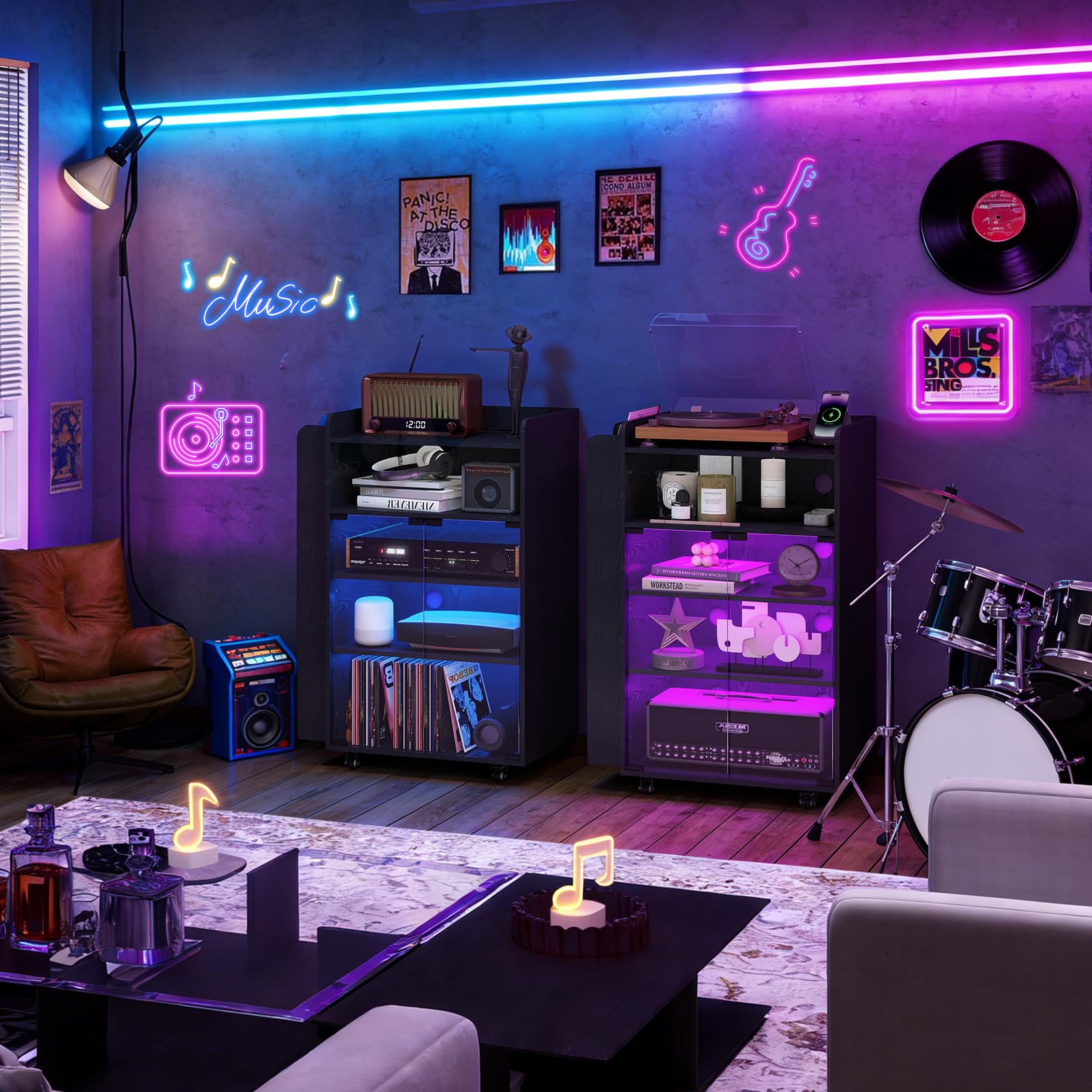 YU YUSING Meuble Vitrine CD Chaîne HiFi à 5 Niveaux avec Éclairage RGB 20 Couleurs, Prise Intégrée et Roulettes, Meuble Platine Vinyle, Étagères Réglables pour Tourne Disque, DVD, Salon/Bureau/Studio