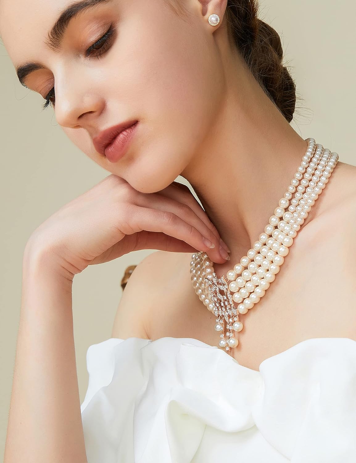 BABEYOND 1920s Gatsby Pearl Necklace Vintage Bridal Pearl Necklace Earrings Jewelry Set Multilayer Imitation Pearl Necklace with Brooch