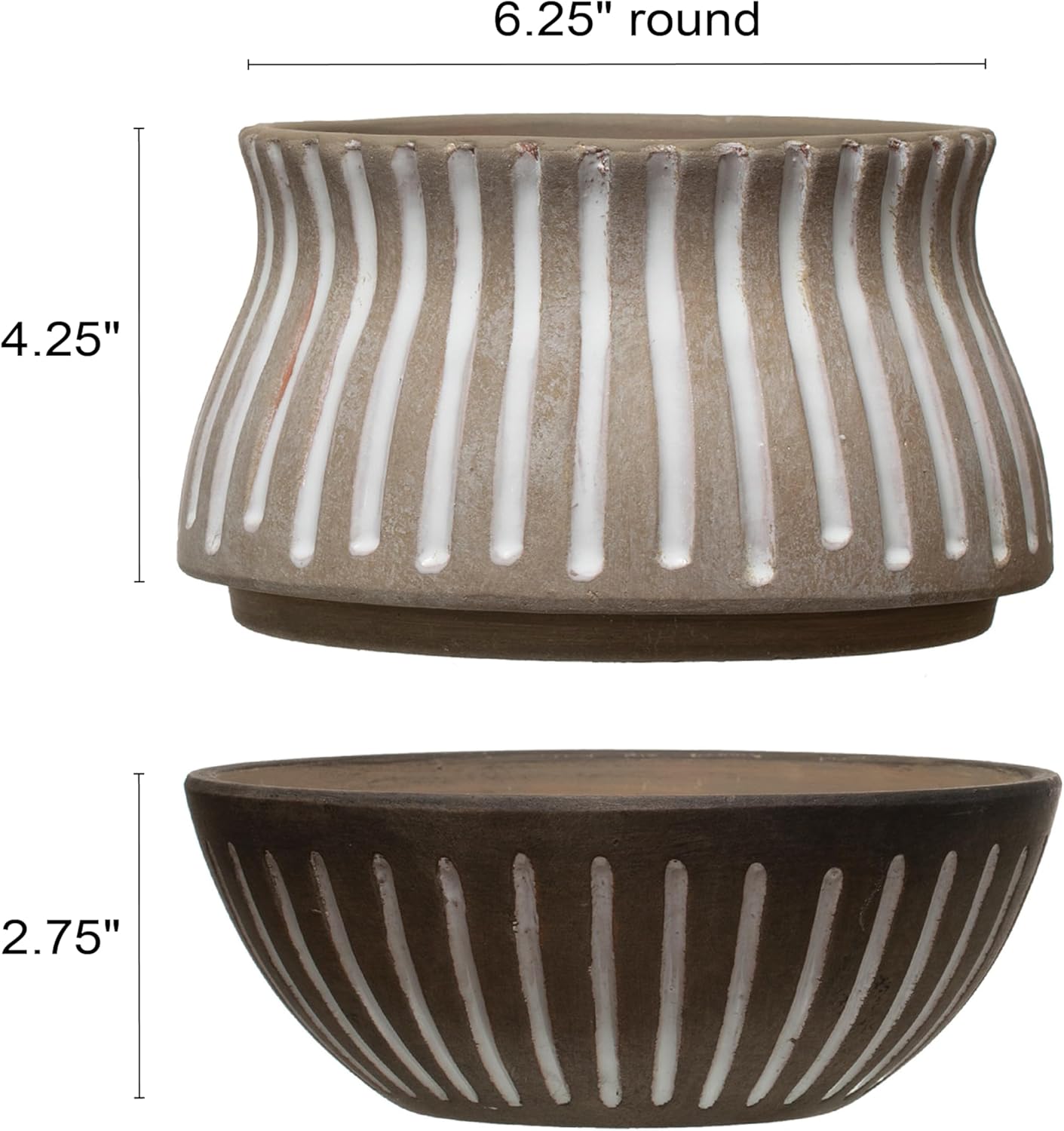 Creative Co-Op Round Hand-Painted Terra-Cotta Planter with Saucer and Debossed Lines, Grey and Beige, Planter with Saucer
