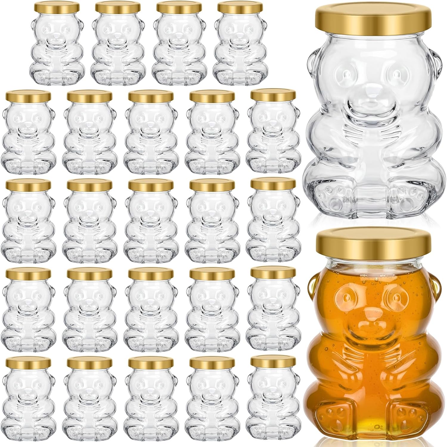 Patelai 24 Pack 4 oz Glass Bear Shaped Honey Jars with Lids Reusable Small Tilted Bear Glass Bottles Containers Dispenser for Candies, Birthday Wedding Party Favors(Classic, Gold)
