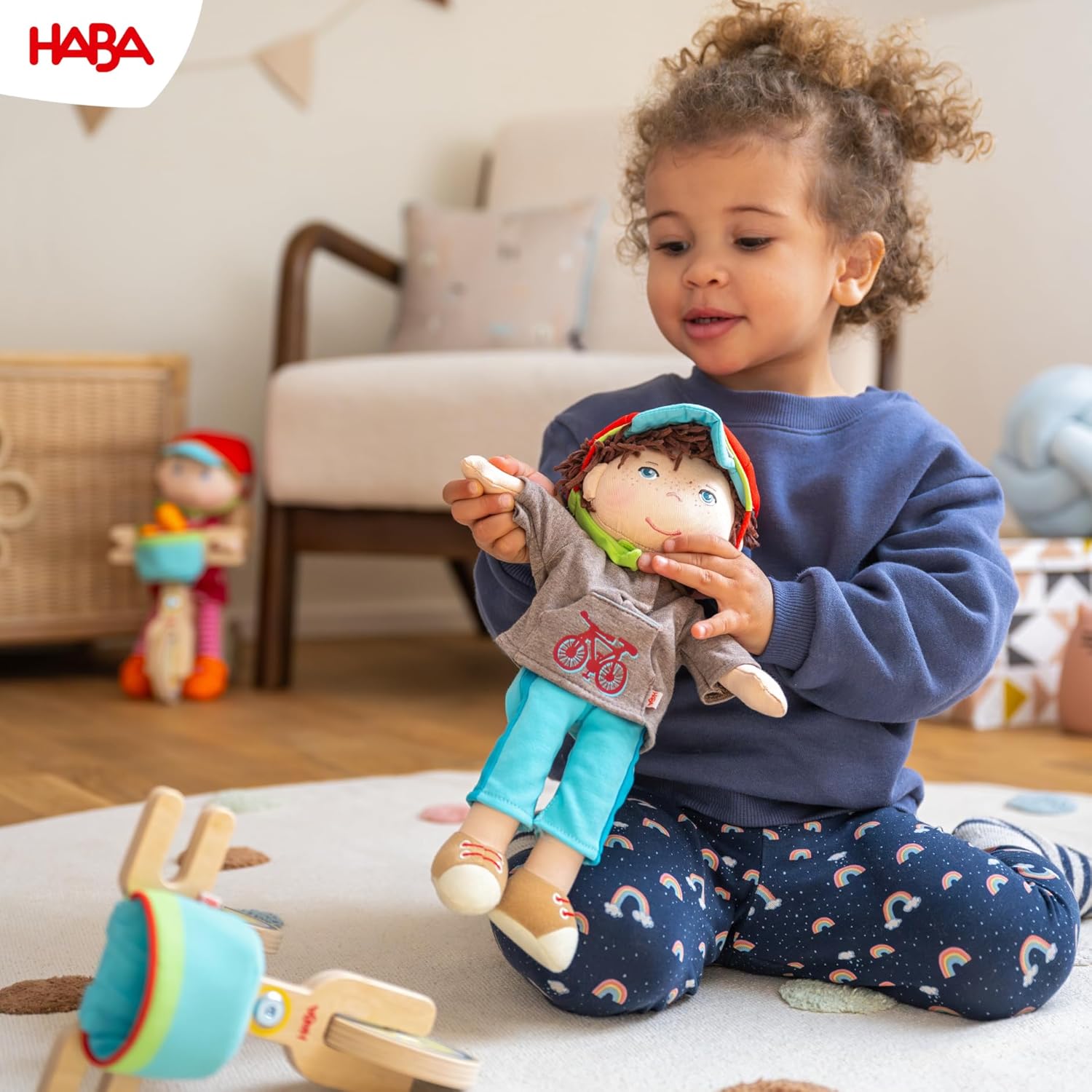 HABA Lian 2011905001 Wooden Balance Bike Set with Lian Doll, Bicycle Helmet and Bicycle Basket with Double Wheel for Safe Status