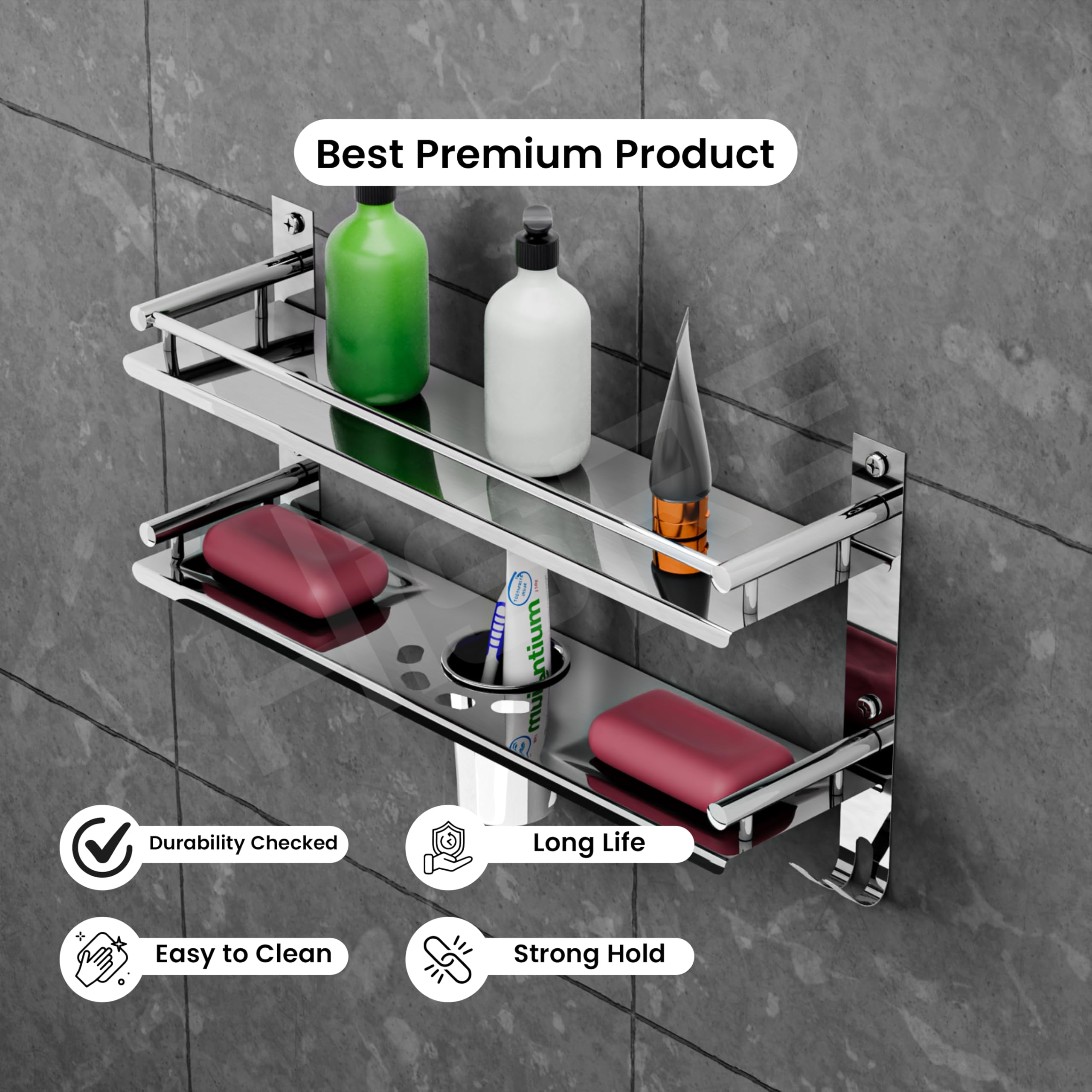 HISRE Wall-Mounted Double Layer Bathroom Shelf with Toothbrush Holder & Hooks | Stainless Steel Chrome Finish Glass Shelf Organizer for Shampoo, Soap & Toiletries, photo 4 of 5