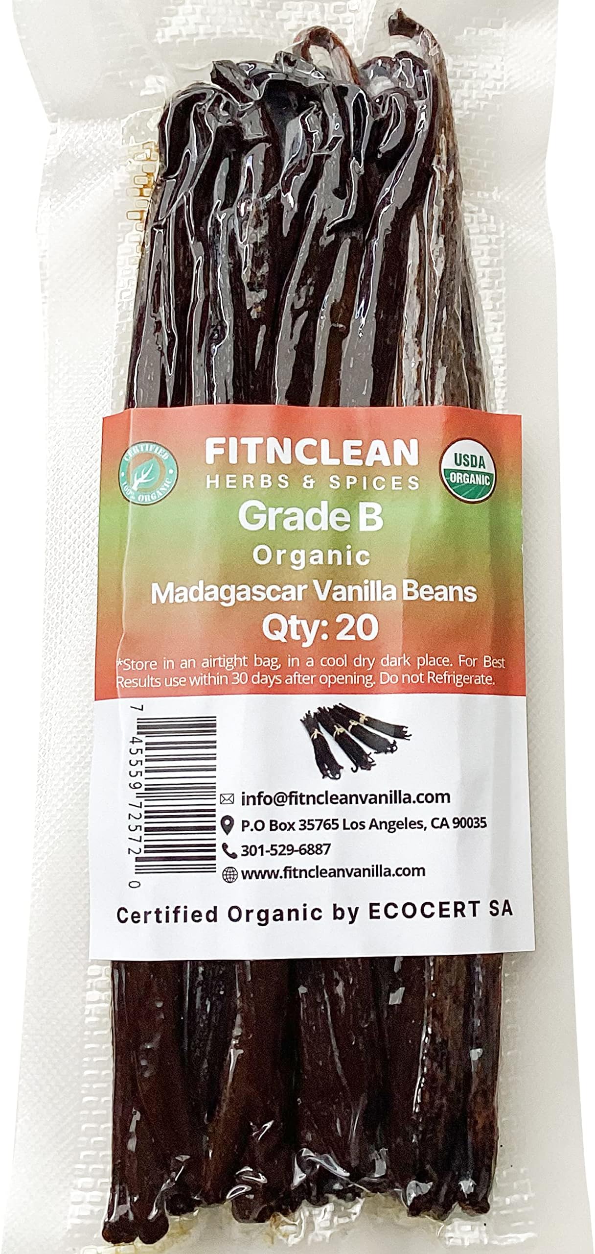 20 Organic Madagascar Vanilla Beans Grade B. Certified USDA Organic. 5"-7"by FITNCLEAN VANILLA for Extract, Paste, Cooking, Baking. Whole Bourbon NON-GMO Pods