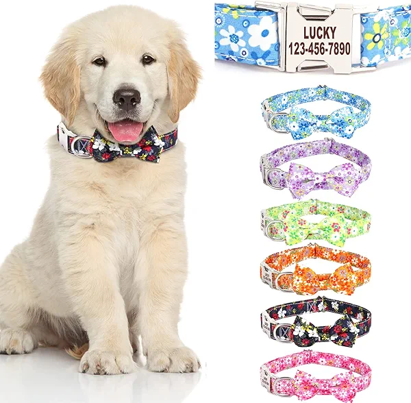 Personalized Dog Collars with Bowtie for Female Dogs,Cute Custom Dog Collar for Girl Dog Engraved with Name and Phone Number for Puppy Small Medium Large Dogs