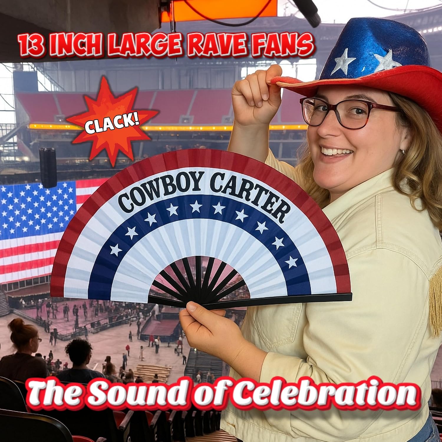 Boots On The Ground 13 Inch Large Rave Fan for Line Dancing & Parties,Folding Hand Fan Clacking Fans,Foldable Hand Fan Perfect for Cosplay,Wedding,Festivals,Outdoor,Decoration(Cowboy Carter,1 Pack)